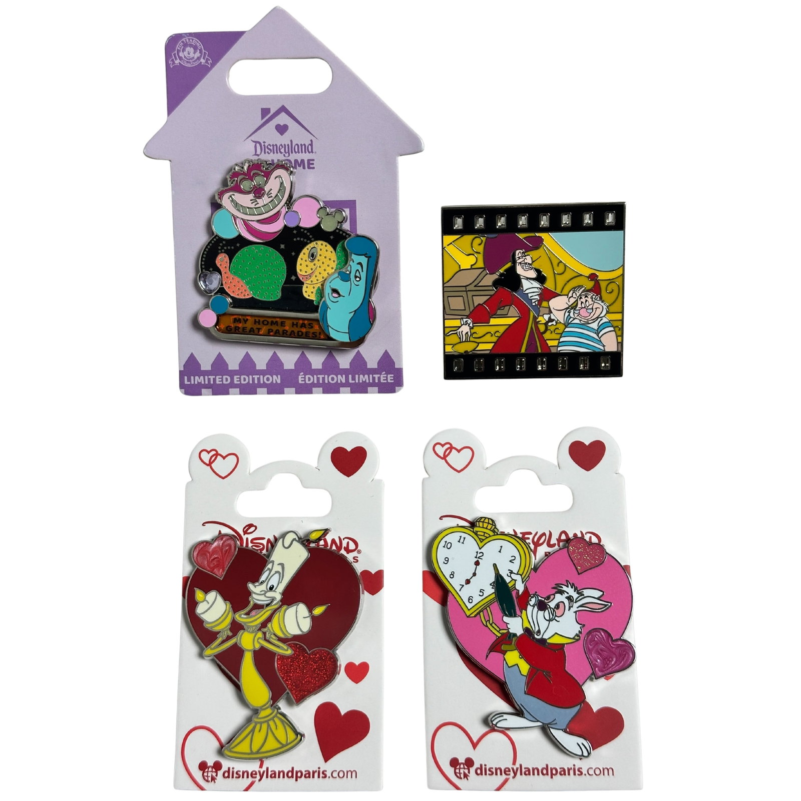 Disney Assorted Valentine's Day Pin Lot Of 4: Disney Assorted Valentine's Day Pin Lot Of 4. These feature White Rabbit, Cheshire Cat, Lumiere, Hook, and more. ******FREE SHIPPING******