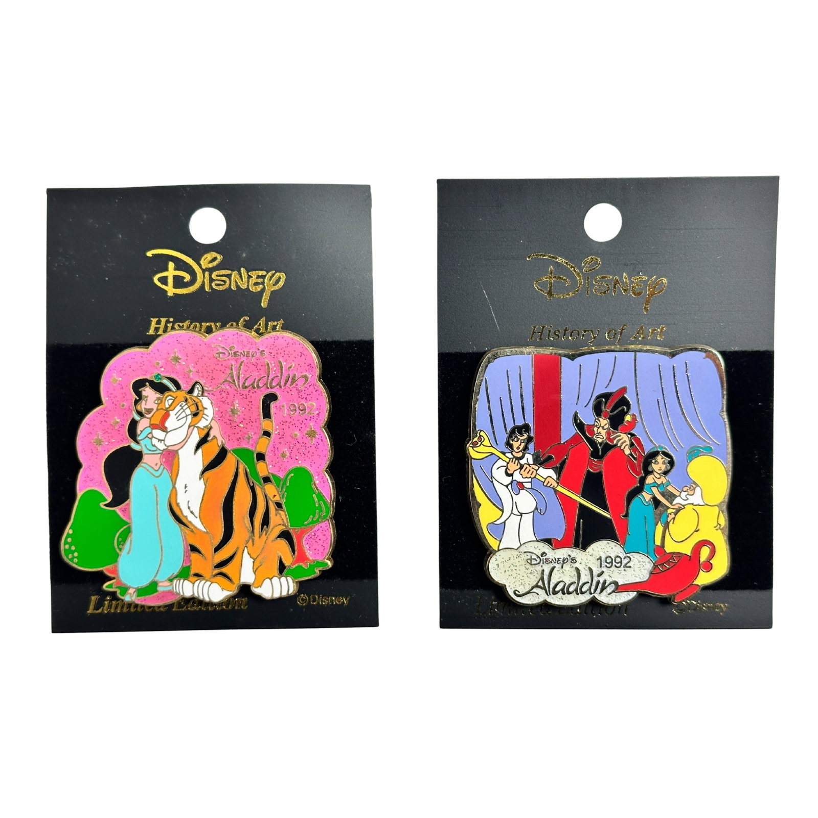 Disney History Of Art Aladdin Pin Lot Of 2: Disney History Of Art Aladdin Pin Lot Of 2. These feature Aladdin, Jasmine, Jafar, Sultan, and Rajah. *******FREE SHIPPING*******