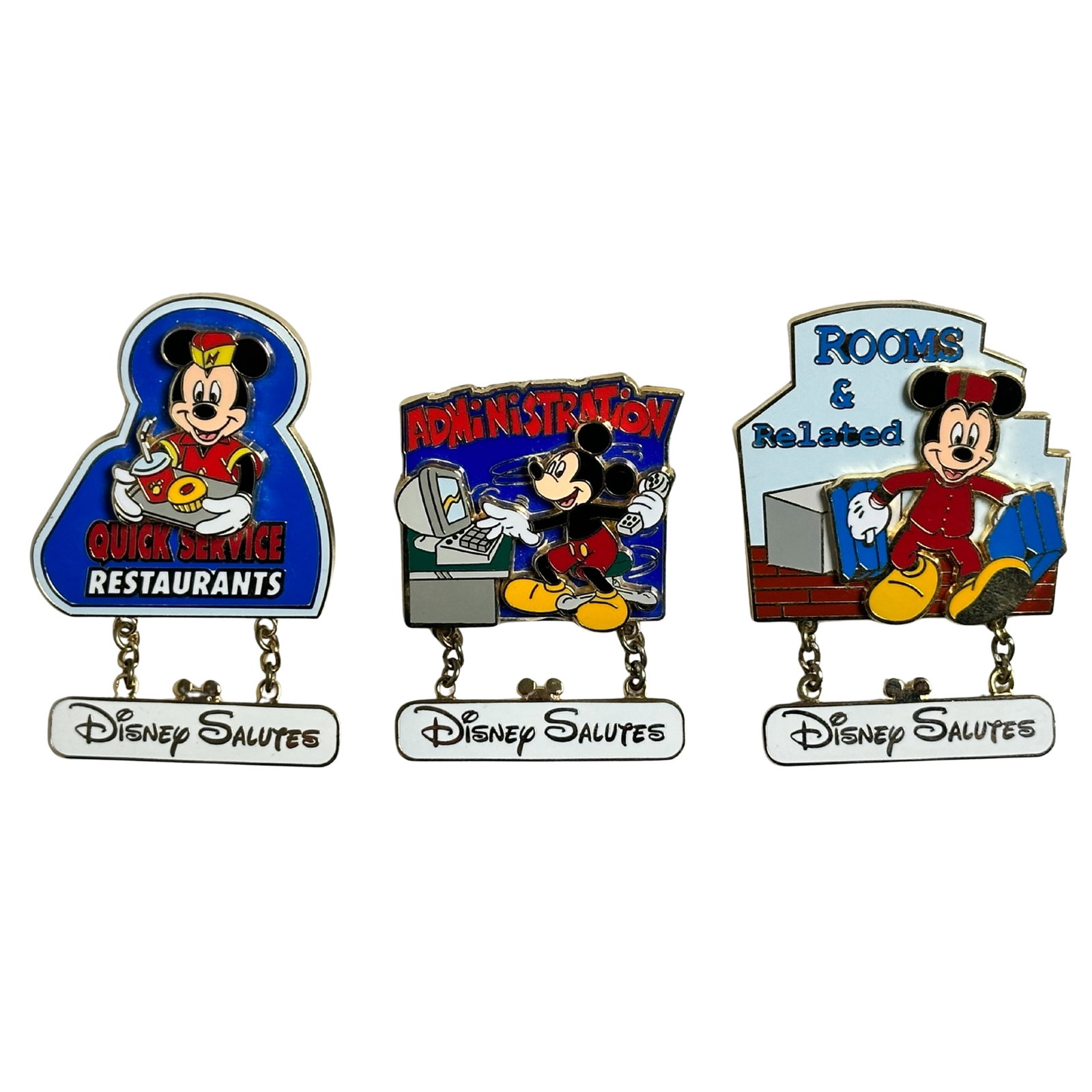 Disney Salutes Quick Service Restaurants, Administration, Rooms & Related Pin Lot Of 3: Disney Salutes Quick Service Restaurants, Administration, Rooms & Related Pin Lot Of 3. These feature Mickey Mouse. *******FREE SHIPPING*******