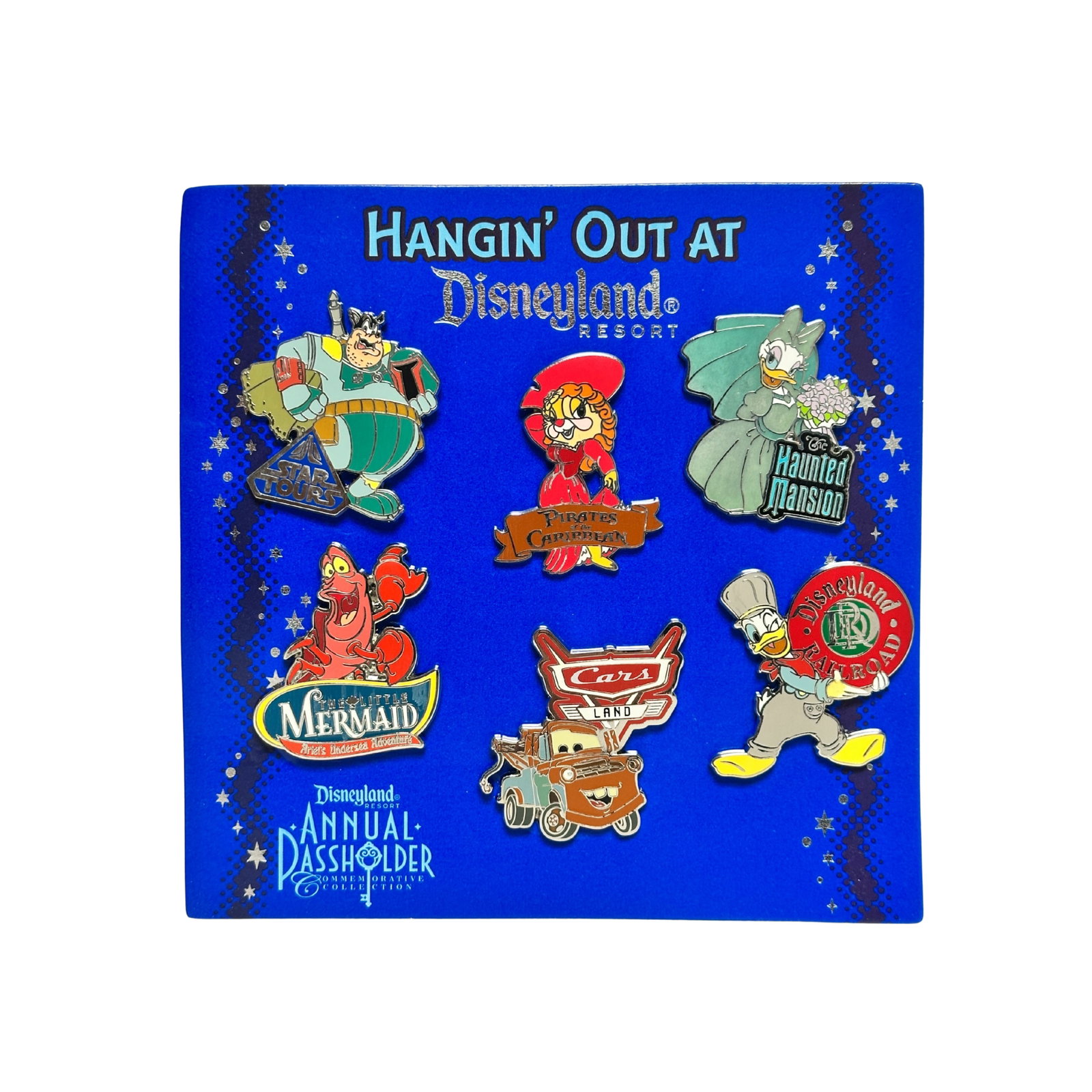 Disney Hanging Out At Disneyland Annual Passholder Commemorative Pin Set Of 6: Disney Hanging Out At Disneyland Annual Passholder Commemorative Pin Set Of 6. These feature Donald, Daisy, Sebastian, Tow Mater & more. *******FREE SHIPPING*******