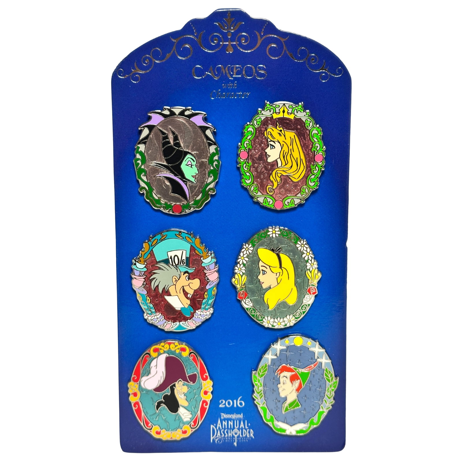 Disney Cameos With Character Annual Passholder Commemorative Pin Set Of 6: Disney Cameos With Character Annual Passholder Commemorative Pin Set Of 6. These feature Maleficent, Aurora, Captain Hook, Peter Pan, ALice & The Mad Hatter. *******FREE SHIPPING*******