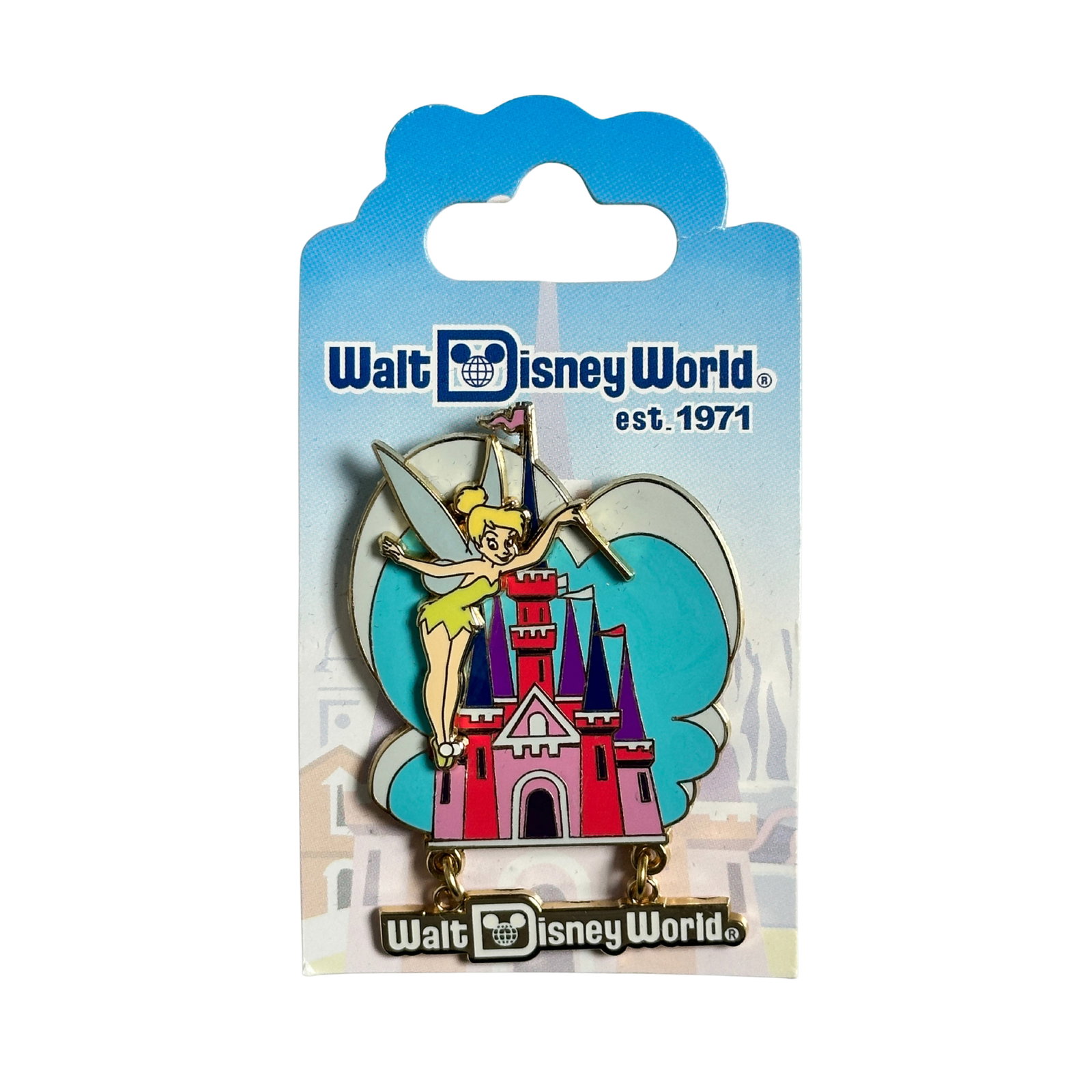 Disney Retro Resort Collection Cinderella's Castle Tinker Bell Pin: Disney Retro Resort Collection Cinderella's Castle Tinker Bell Pin. This features Tinker Bell in front of a pink and purple version of Cinderella's castle.