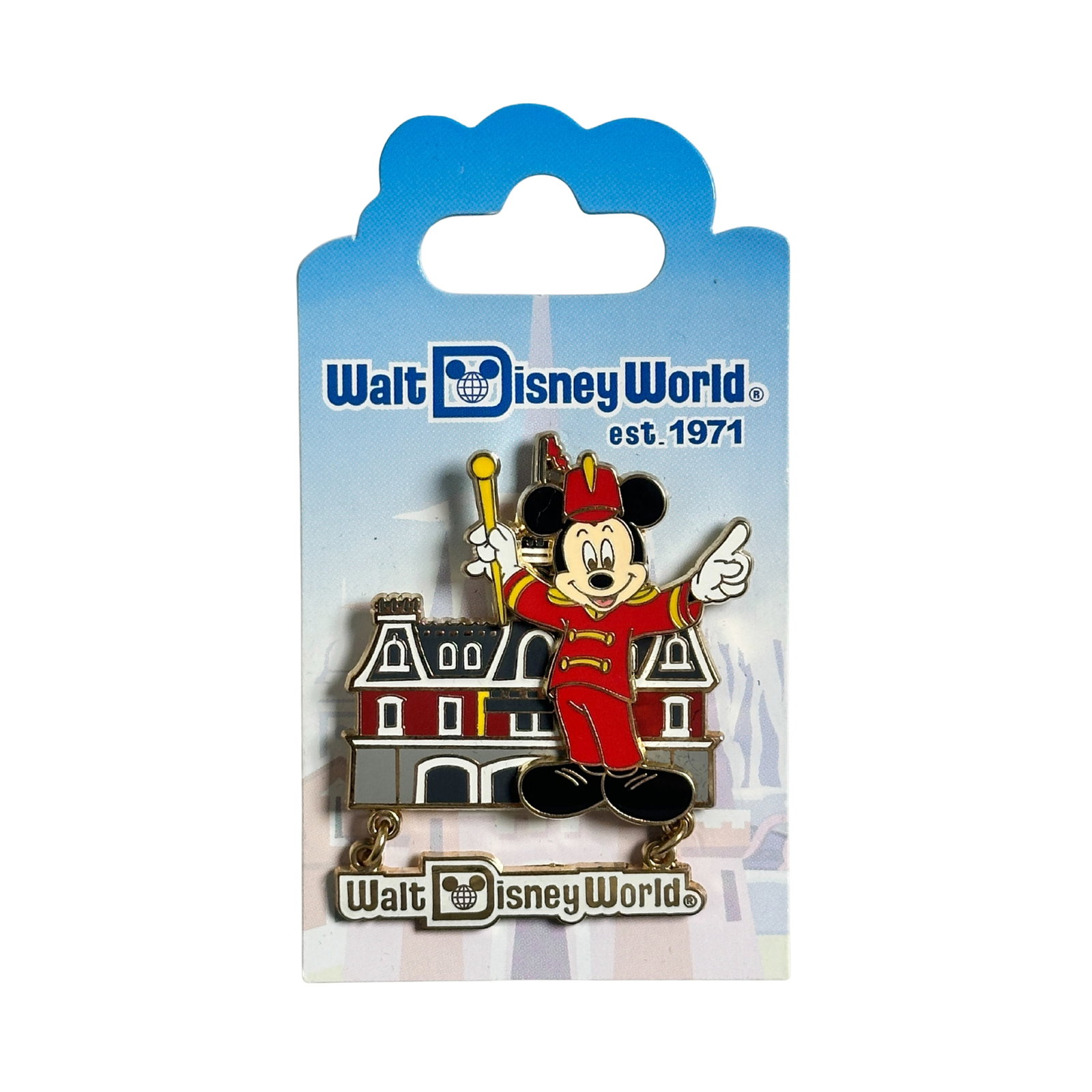 Disney Retro Resort Collection Mickey Train Station Pin: Disney Retro Resort Collection Mickey Train Station Pin. This features Mickey dressed as a train conductor in front of the train station.