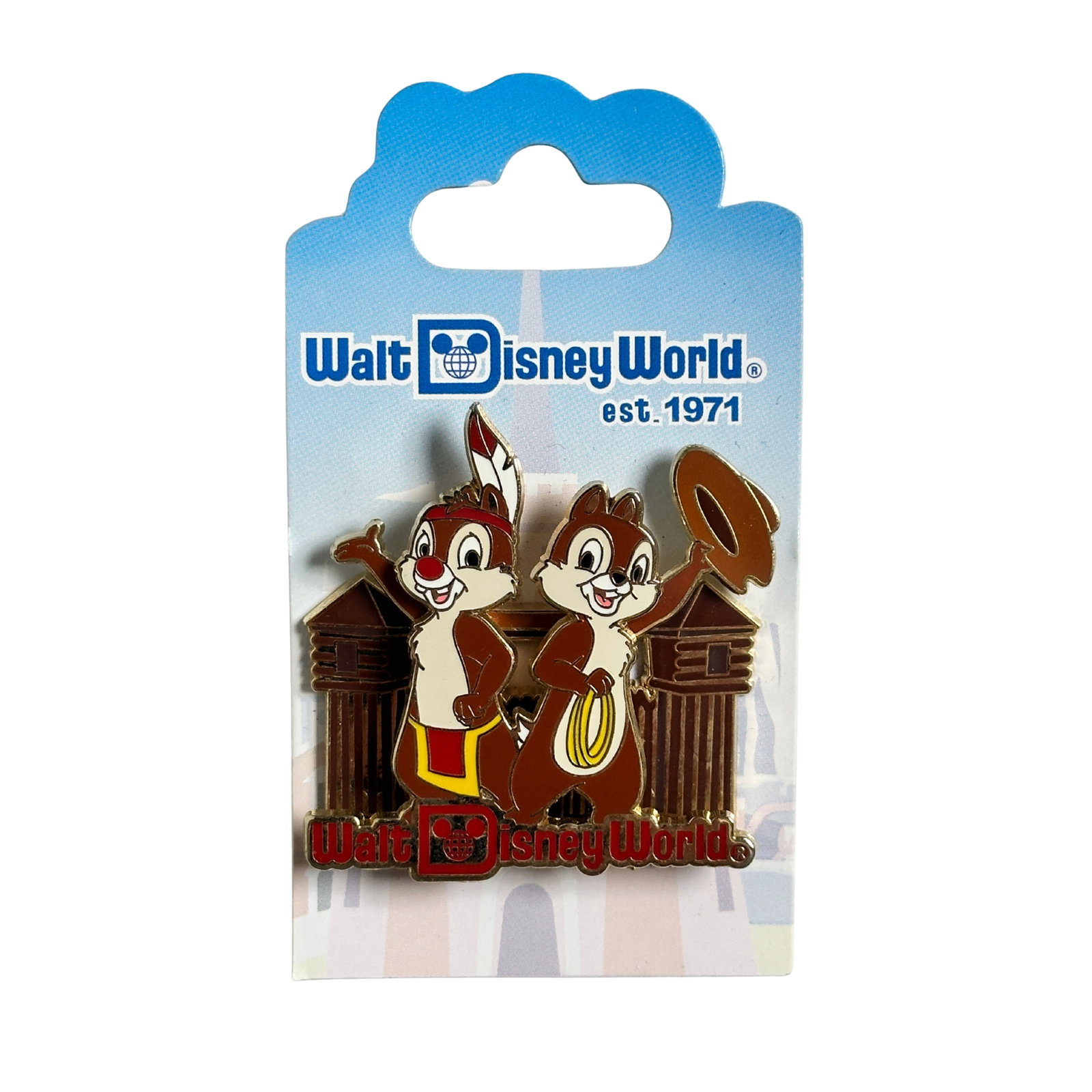 Disney Retro Resort Collection Fort Wilderness Chip & Dale Pin: Disney Retro Resort Collection Fort Wilderness Chip & Dale Pin. This features Chip & Dale dressed as a Cowboy and Native American In front of the Fort Wilderness Resort.