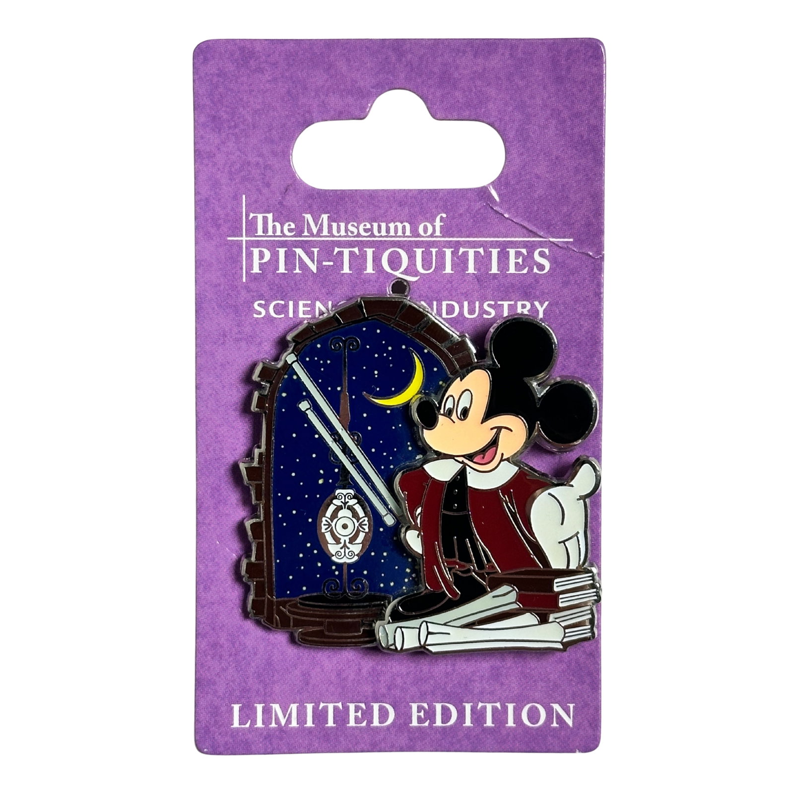 Disney Museum of Pin-Tiquities Mickey Mouse Galileo Astronomy Pin: Disney Museum of Pin-Tiquities Mickey Mouse Galileo Astronomy Pin. This features Mickey dressed as Galileo in front of a window with a crescent moon.