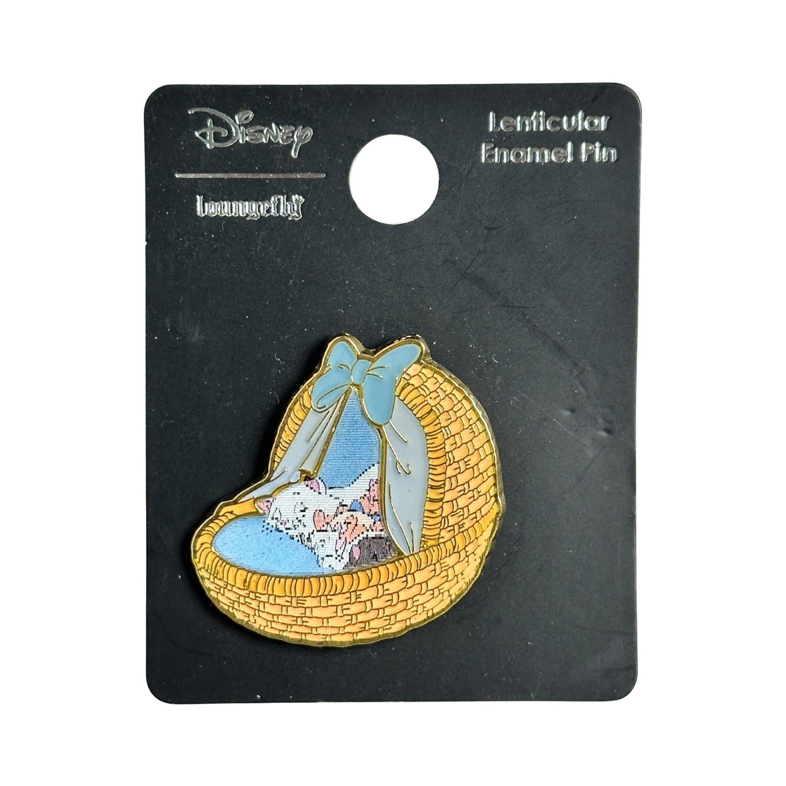 Disney Loungefly Aristocats Bassinet Lenticular Pin: Disney Loungefly Aristocats Bassinet Lenticular Pin. This features Duchess and her kittens sleeping in a basket bassinet.