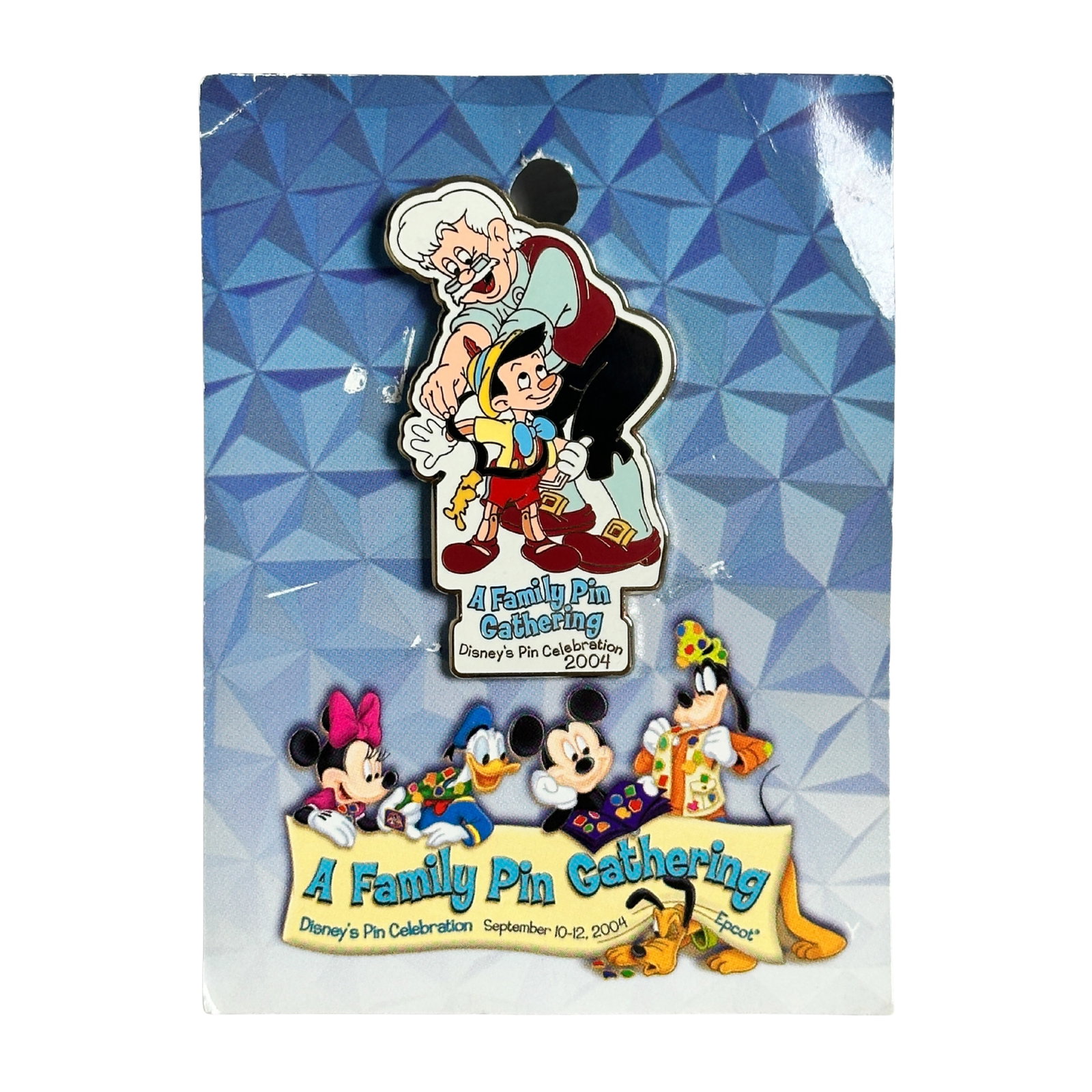 Disney A Family Pin Gathering Pinocchio & Geppetto Pin: Disney A Family Pin Gathering Pinocchio & Geppetto Pin. This features Geppetto putting a pin lanyard on Pinocchio.