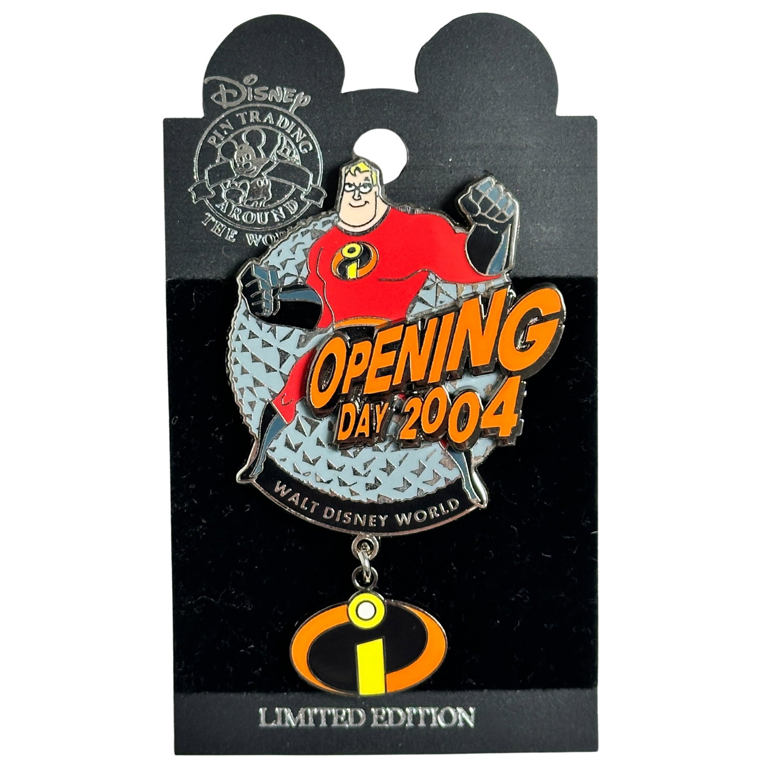 Disney WDW The Incredibles Epcot Opening Day Pin: Disney WDW The Incredibles Epcot Opening Day Pin. This features Mr. Incredible In front of Epcot.