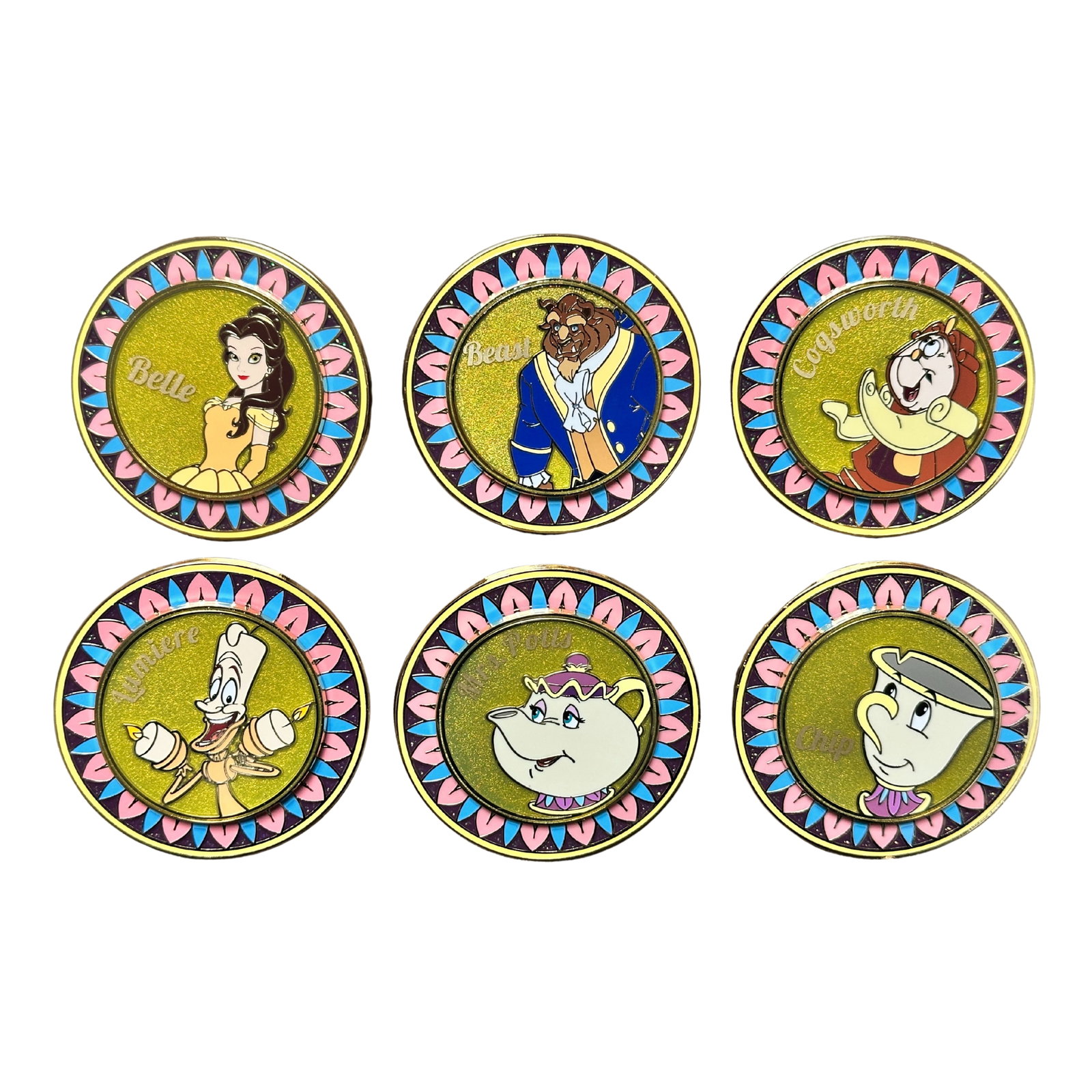 Disney Princess Beauty And The Beast Mystery Wheel Spin Pin Set Of 6: Disney Princess Beauty And The Beast Mystery Wheel Spin Pin Set Of 6. These feature Princess Belle, The Beast, Lumiere, Mrs. Potts, Chip, and Cogsworth. *****FREE SHIPPING********SELECT BUYER ARRANGED