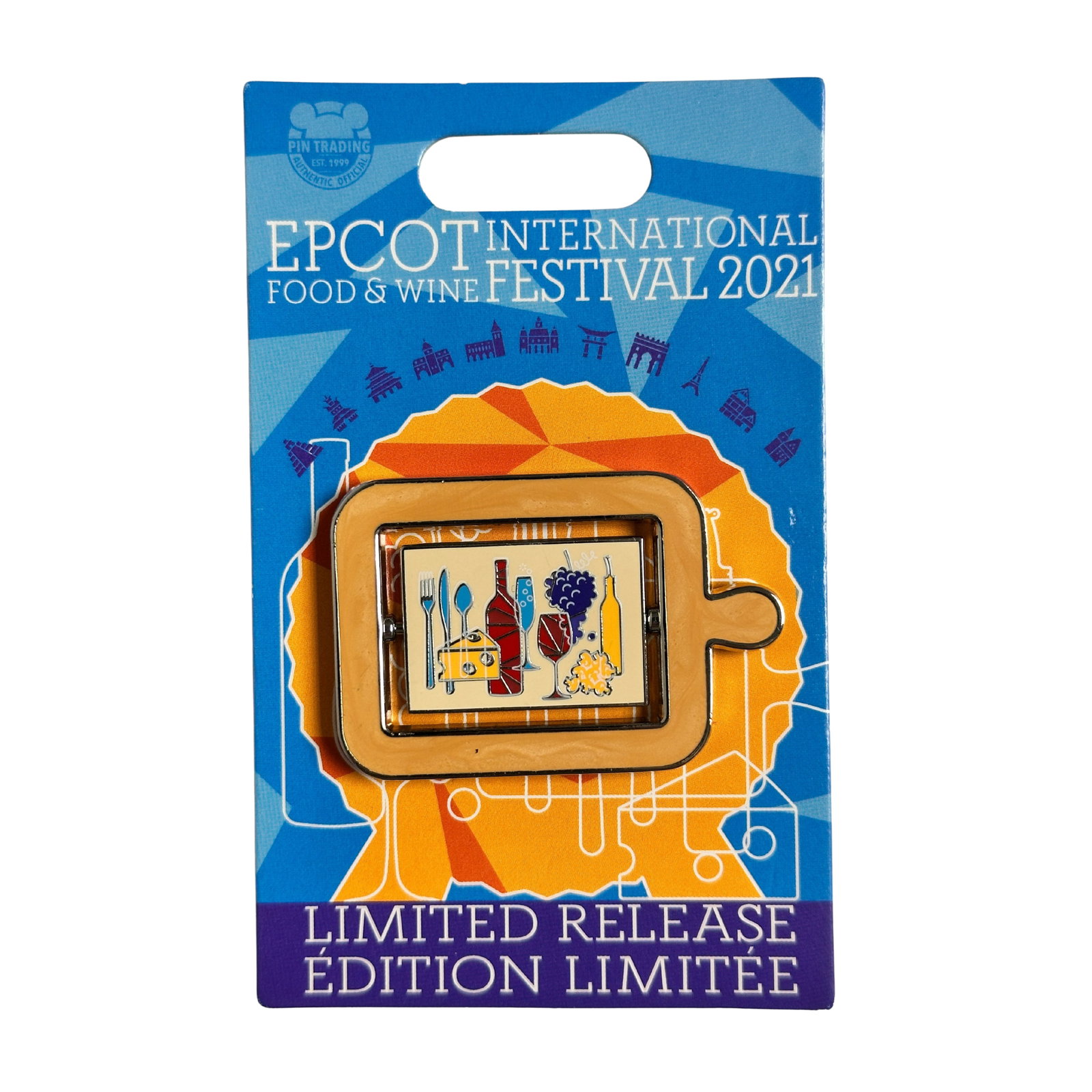 Disney Epocot Food & Wine Festival 2021 LE Pin: Disney Epocot Food & Wine Festival 2021 LE Pin. This piece features A cutting board with wine, cheese, and fruit.*****FREE SHIPPING********SELECT BUYER ARRANGED SHIPPING AT CHECKOUT*****