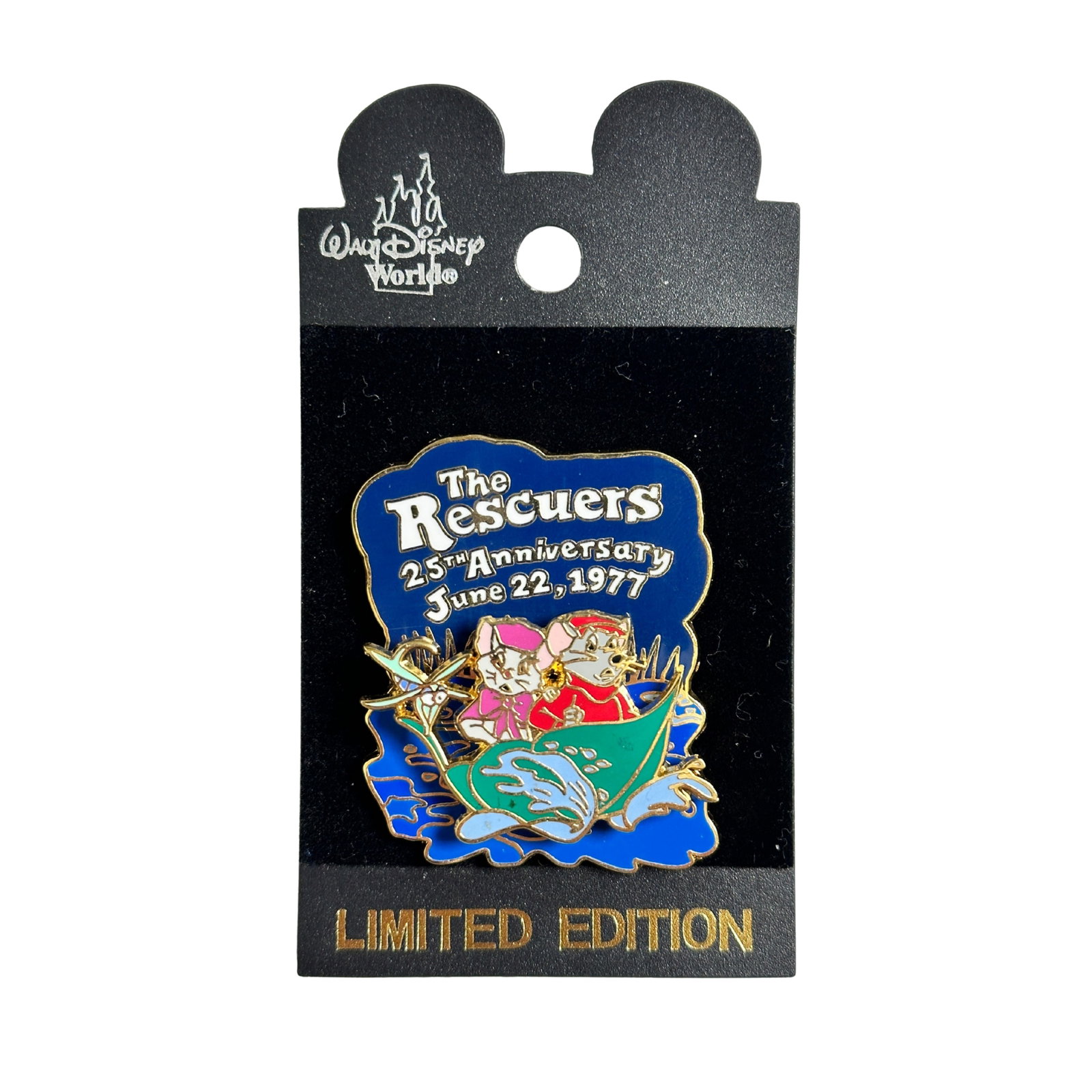Disney The Rescuers 25th Anniversary Pin: Disney The Rescuers 25th Anniversary Pin. This features Bianca & Bernard in a leaf boat. *****FREE SHIPPING********SELECT BUYER ARRANGED SHIPPING AT CHECKOUT*****