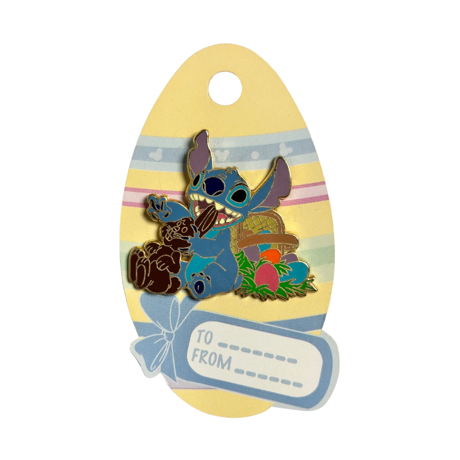 Disney Stitch Easter 2007 Chocolate Bunny Pin: Disney Stitch Easter 2007 Chocolate Bunny Pin. This features Stitch sitting on the ground about to take a bite out of the bunny rabbit's ears. There is an Easter basket behind him. The basket is tippe