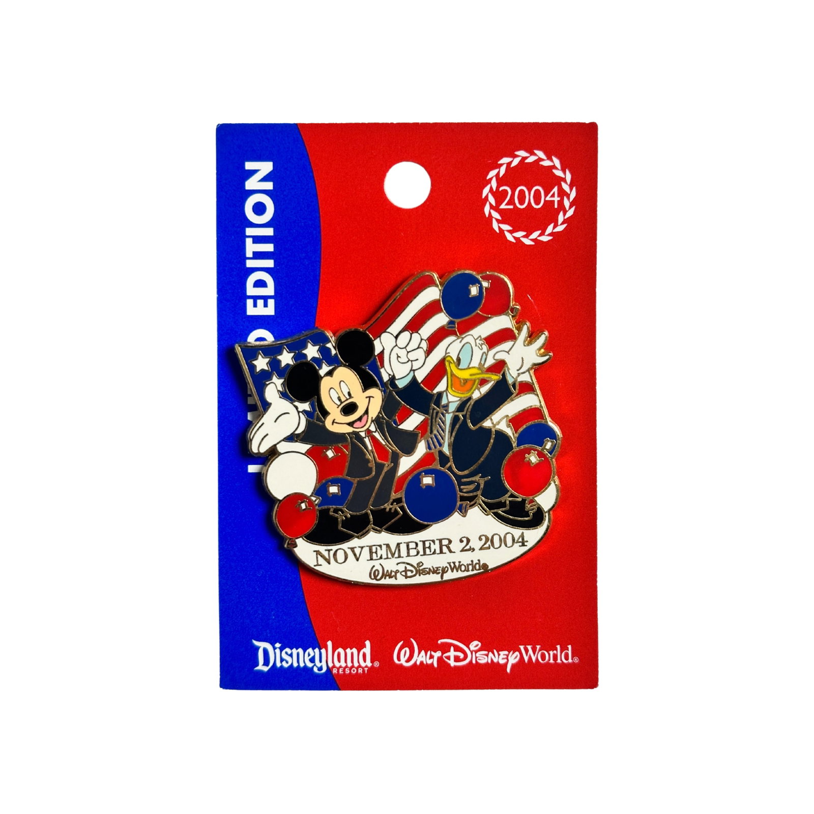 Disneyland WDW Election Day 2004 Mickey & Donald: Disneyland WDW Election Day 2004 Mickey & Donald. This features Mickey in a suit with a red tie and Donald in a suit wearing a blue tie, they are cheering for the election winner. *****FREE SHIPPING**