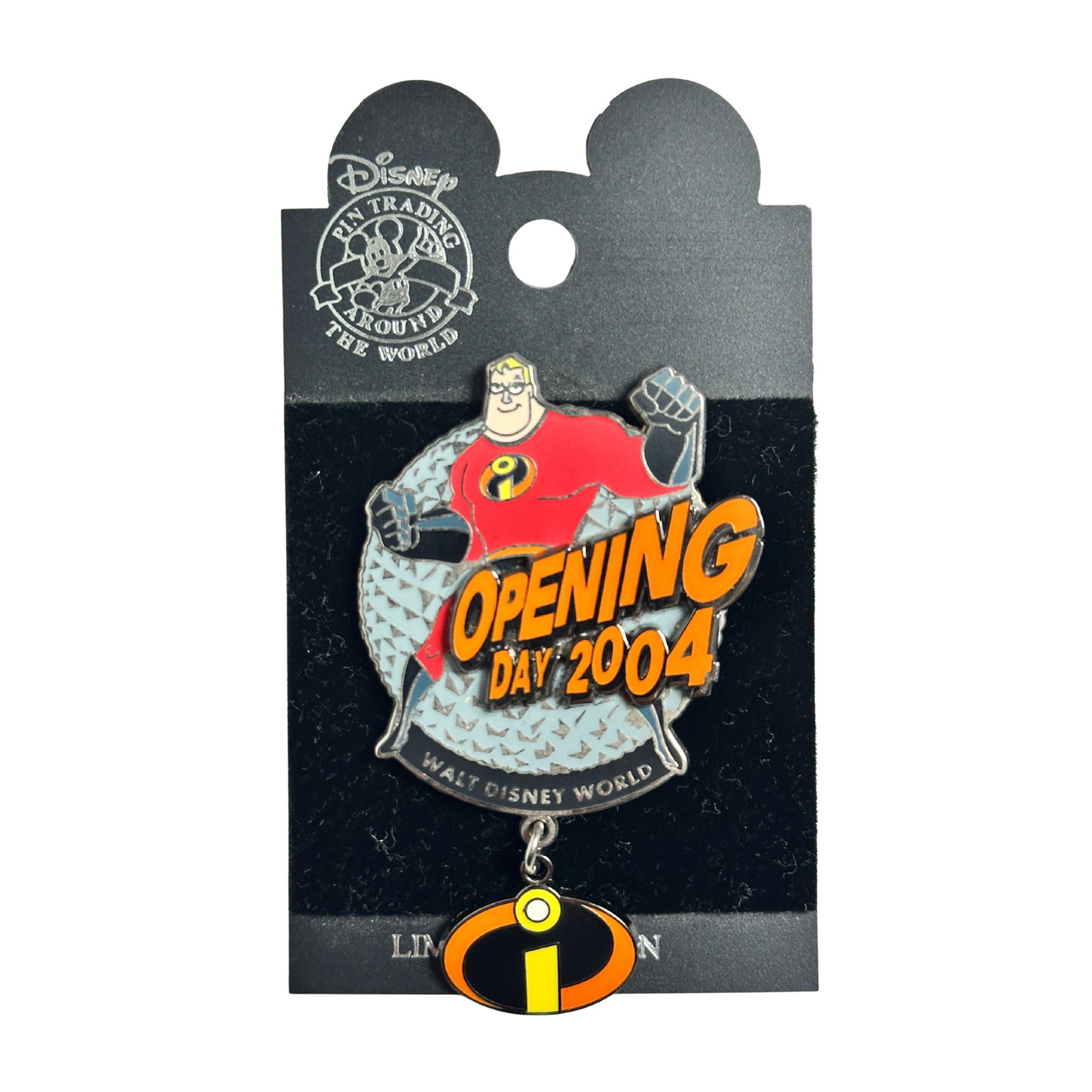 Disney WDW Epcot The Incredibles Opening Day 2004 Mr. Incredible Pin: Disney WDW Epcot The Incredibles Opening Day 2004 Mr. Incredible Pin. This Limited Edition pin with dangle features Mr. Incredible (Bob) from the Disney/Pixar movie "The Incredibles" and celebrates th