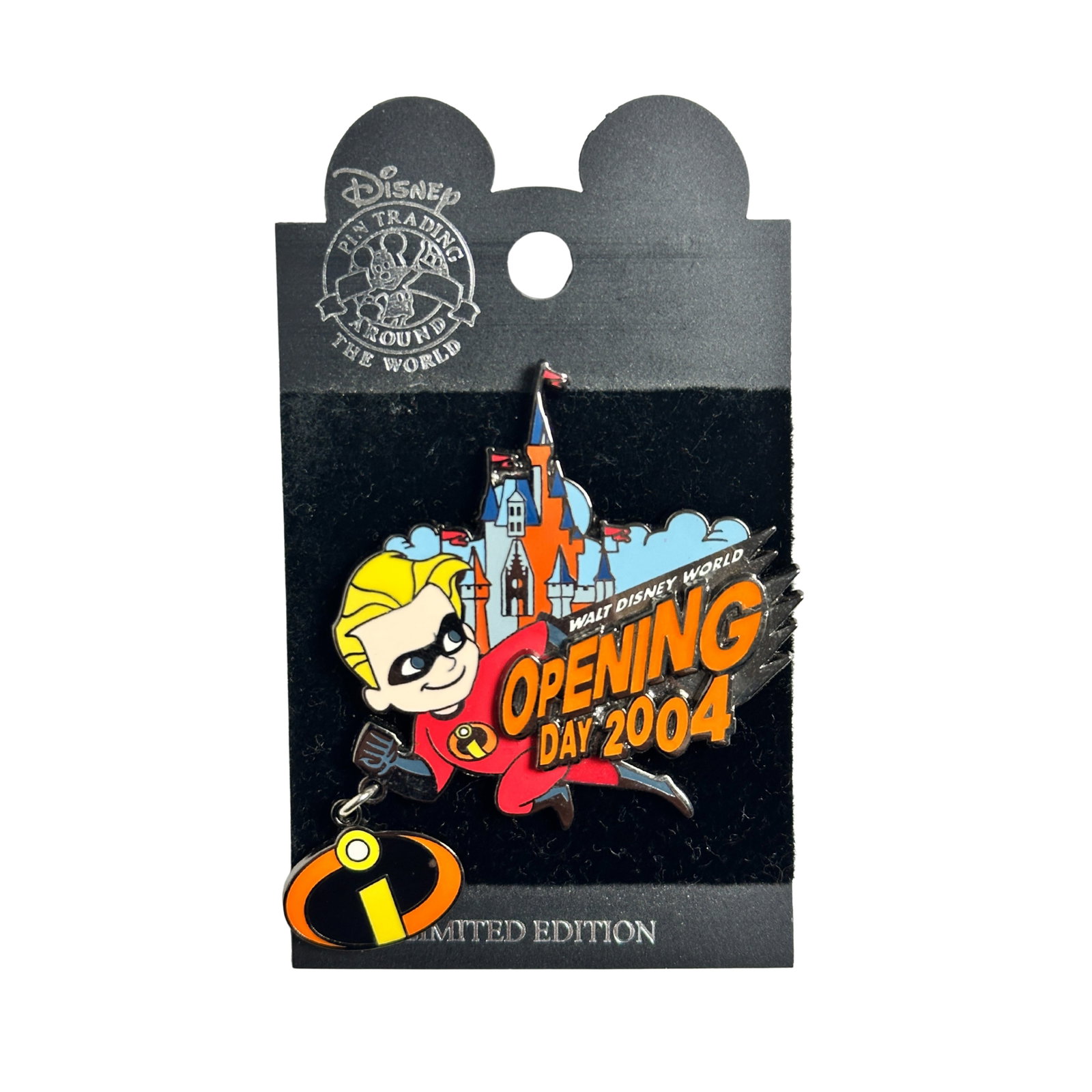 Disney Magic Kingdom The Incredibles Opening Day 2004 Dash Pin: Disney Magic Kingdom The Incredibles Opening Day 2004 Dash Pin. This Limited Edition pin with dangle features Dash from the Disney/Pixar movie "The Incredibles" and celebrates the movies opening in th