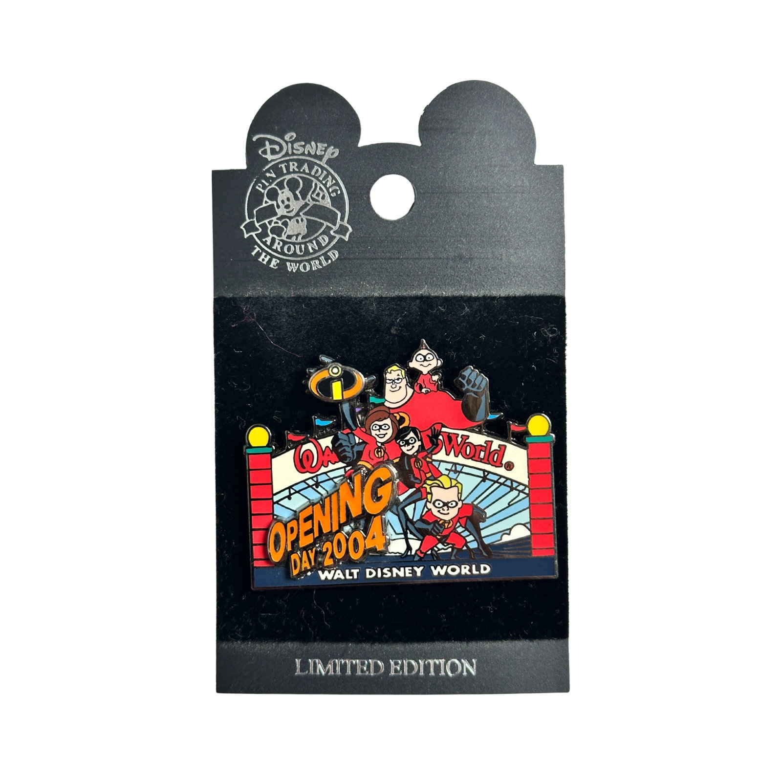 Disney WDW The Incredibles Opening Day 2004 Pin: Disney WDW The Incredibles Opening Day 2004 Pin. This Limited Edition pin-on-pin features characters from the new Disney/Pixar movie "The Incredibles" and celebrates the movies opening in theaters on 