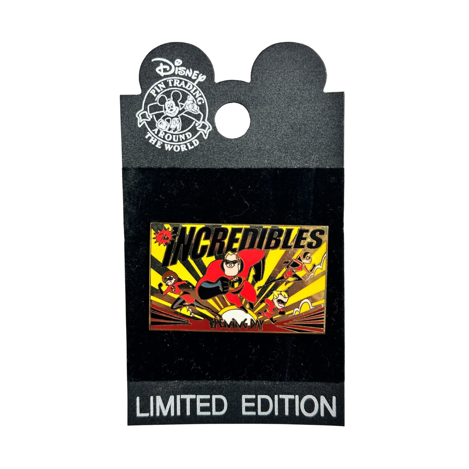 Disney WDW Cast Exclusive The Incredibles Opening Day 2004 Pin: Disney WDW The Incredibles Opening Day 2004 Pin. This Limited Edition pin-on-pin features characters from the new Disney/Pixar movie "The Incredibles" and celebrates the movies opening in theaters on 
