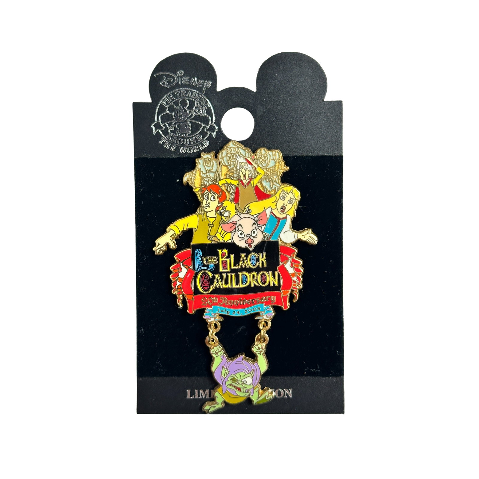 Disney WDW The Black Cauldron 20th Anniversary Pin: Disney WDW The Black Cauldron 20th Anniversary Pin. This features characters from the film. The Cauldron Born (the skeleton zombies) are chasing the bard Fflewddur Fflam in the background, with Taran 