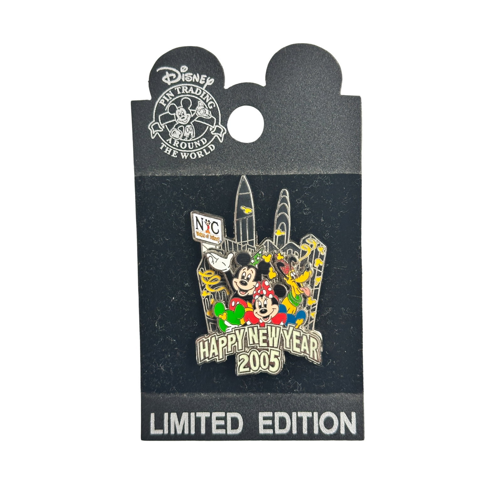 Disney NYC WOD Happy New Year 2005 Minnie & Mickey Pin: Disney NYC WOD Happy New Year 2005 Minnie & Mickey Pin. This features Mickey, Minnie and Pluto in Manhattan with skyscrapers behind them. Mickey icon confetti is falling all around them. There is a bi