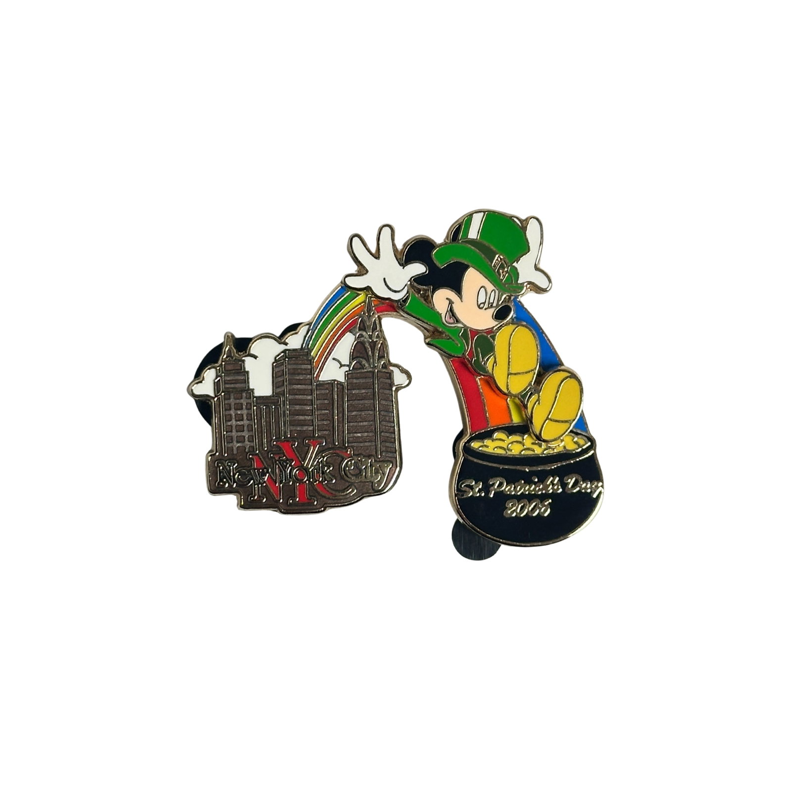 Disney NYC WOD St. Patricks Day 2006 Mickey Pin: Disney NYC WOD St. Patricks Day 2006 Mickey Pin. This pin has the NYC skyline pictured on the left with a white cloud behind it,a rainbow goes from the middle of the skyline to the right to a pot of g