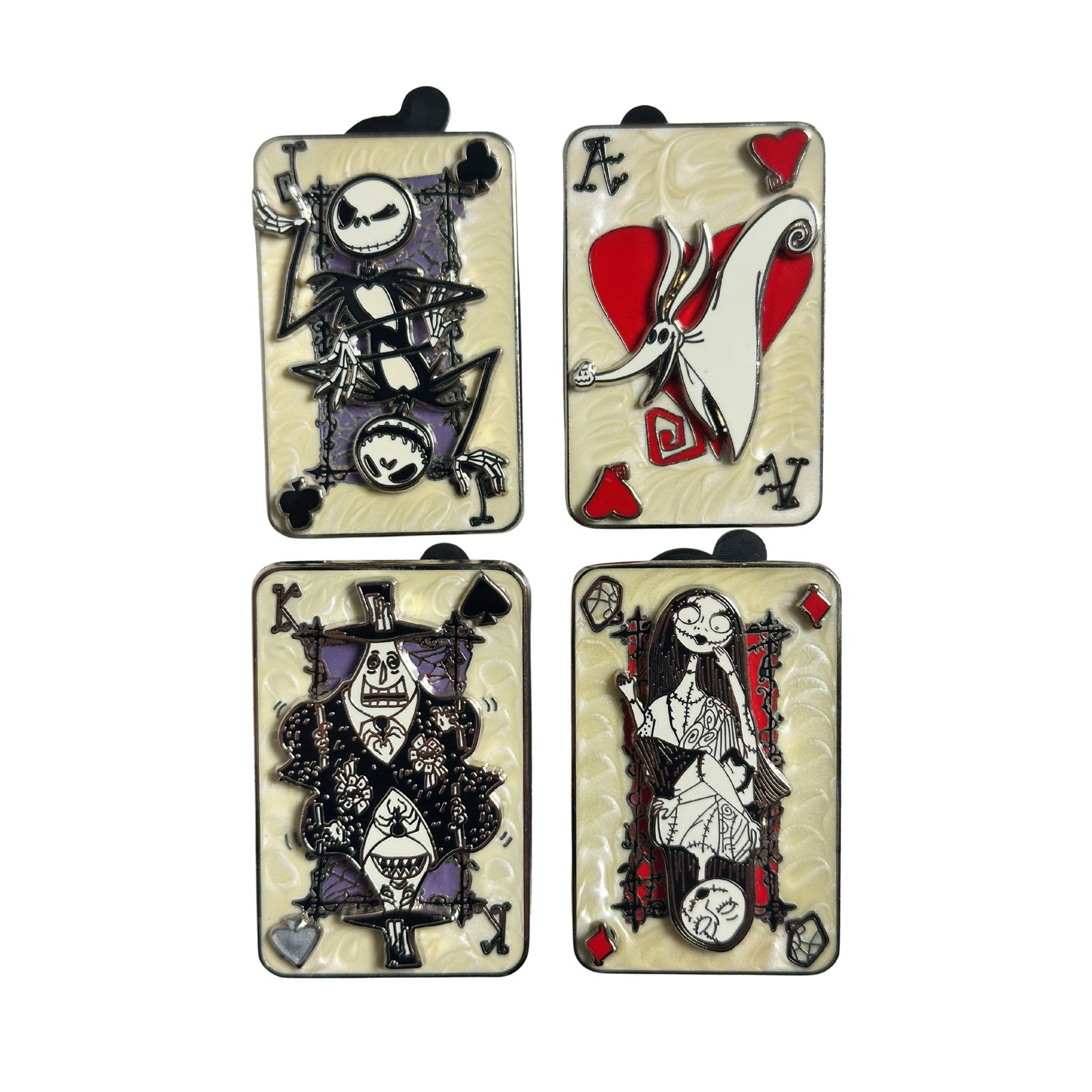 Disney Soda Fountain Nightmare Before Christmas Playing Card Pin Lot Of 4: Disney Soda Fountain Nightmare Before Christmas Playing Card Pin Lot Of 4. These feature Jack Skellington, Zero, Sally, and the Mayor on playing cards.*****FREE SHIPPING********SELECT BUYER ARRANGED S