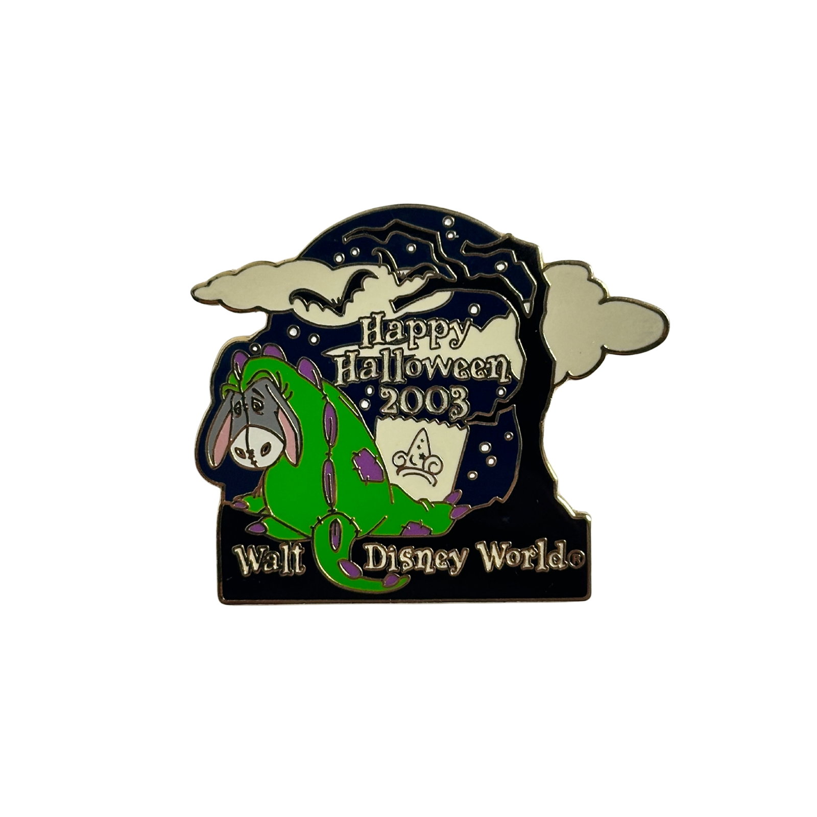 Disney WDW Happy Halloween 2003 Eeyore Dinosaur Costume Pin: Disney WDW Happy Halloween 2003 Eeyore Dinosaur Costume Pin. Eeyore dressed in a green and purple Dinosaur costume. A bat is flying in the clouds overhead and he has a Trick-or-Treat bag with the Sorc