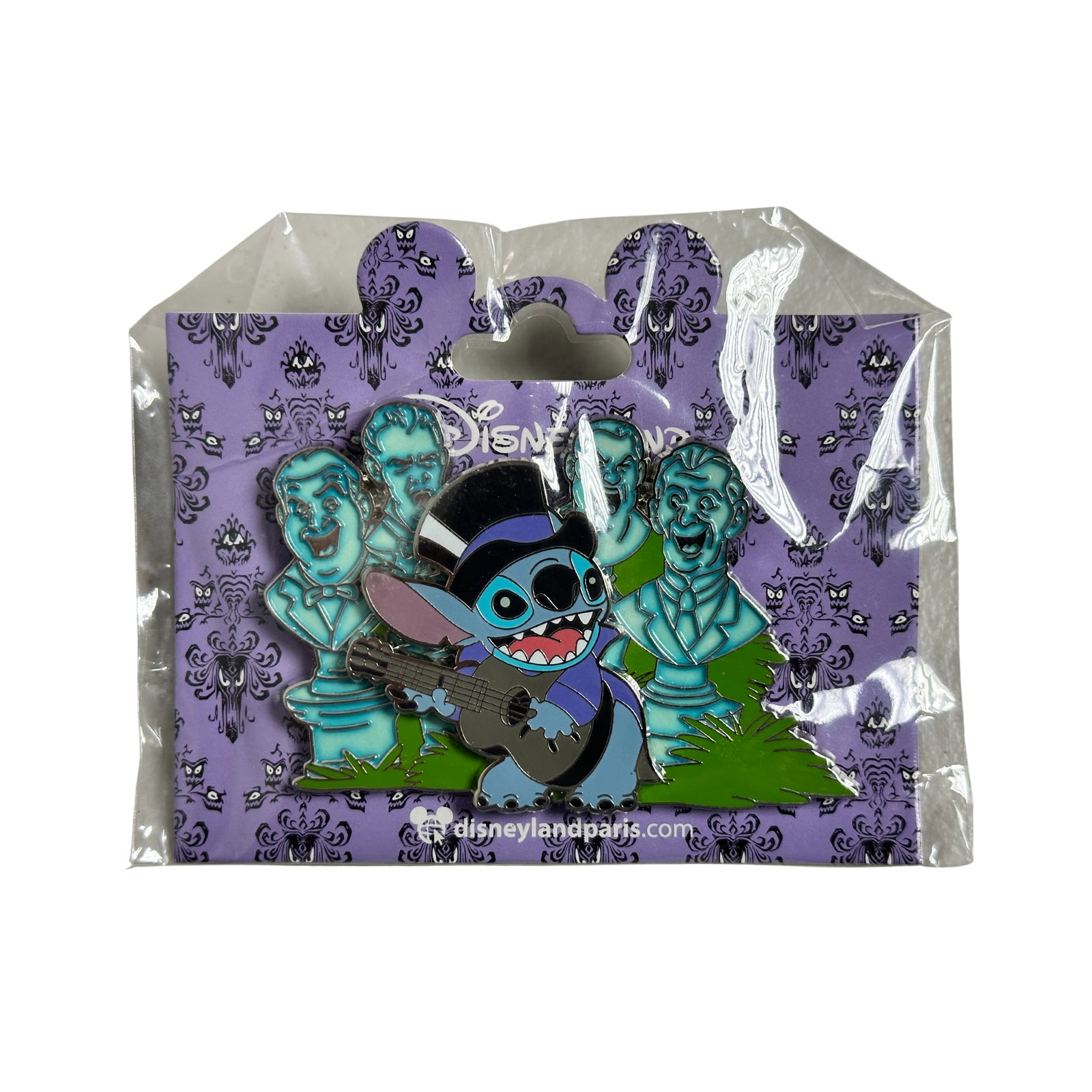 Disney DLP Stitch Phantom Manor Singing Busts Pin: Disney DLP Stitch Phantom Manor Singing Busts Pin. This pin features Stitch from Lilo and Stitch pin-on-pin in front of the singing busts in the Phantom Manor (Haunted Mansion). The singing busts glow
