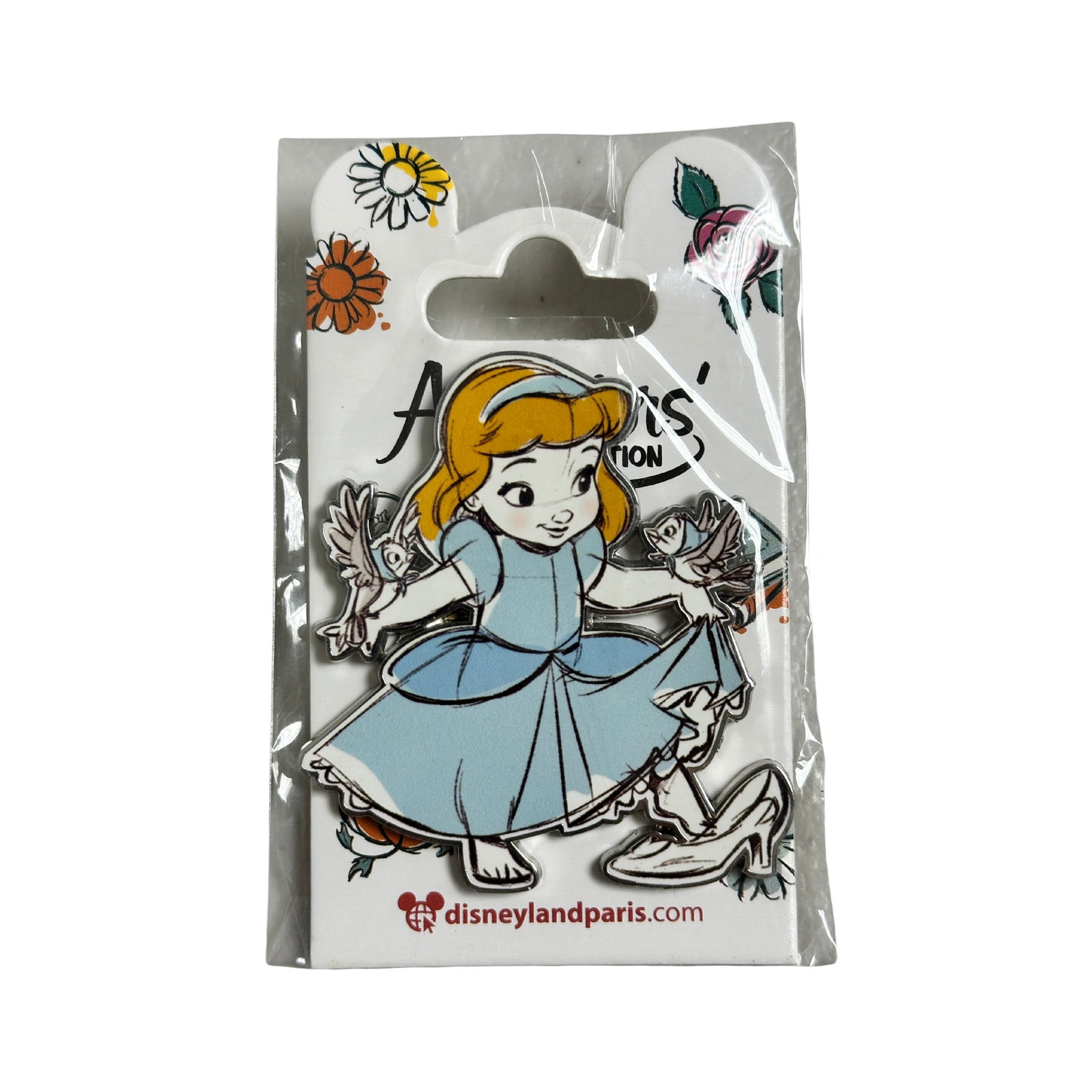 Disney DLP Animators Collection Cinderella With Blue Birds Pin: Disney DLP Animators Collection Cinderella With Blue Birds Pin. Toddler Cinderella appears as a drawing. She is wearing her blue ball gown and is barefoot. Spreading her arms, she has a bird on each h