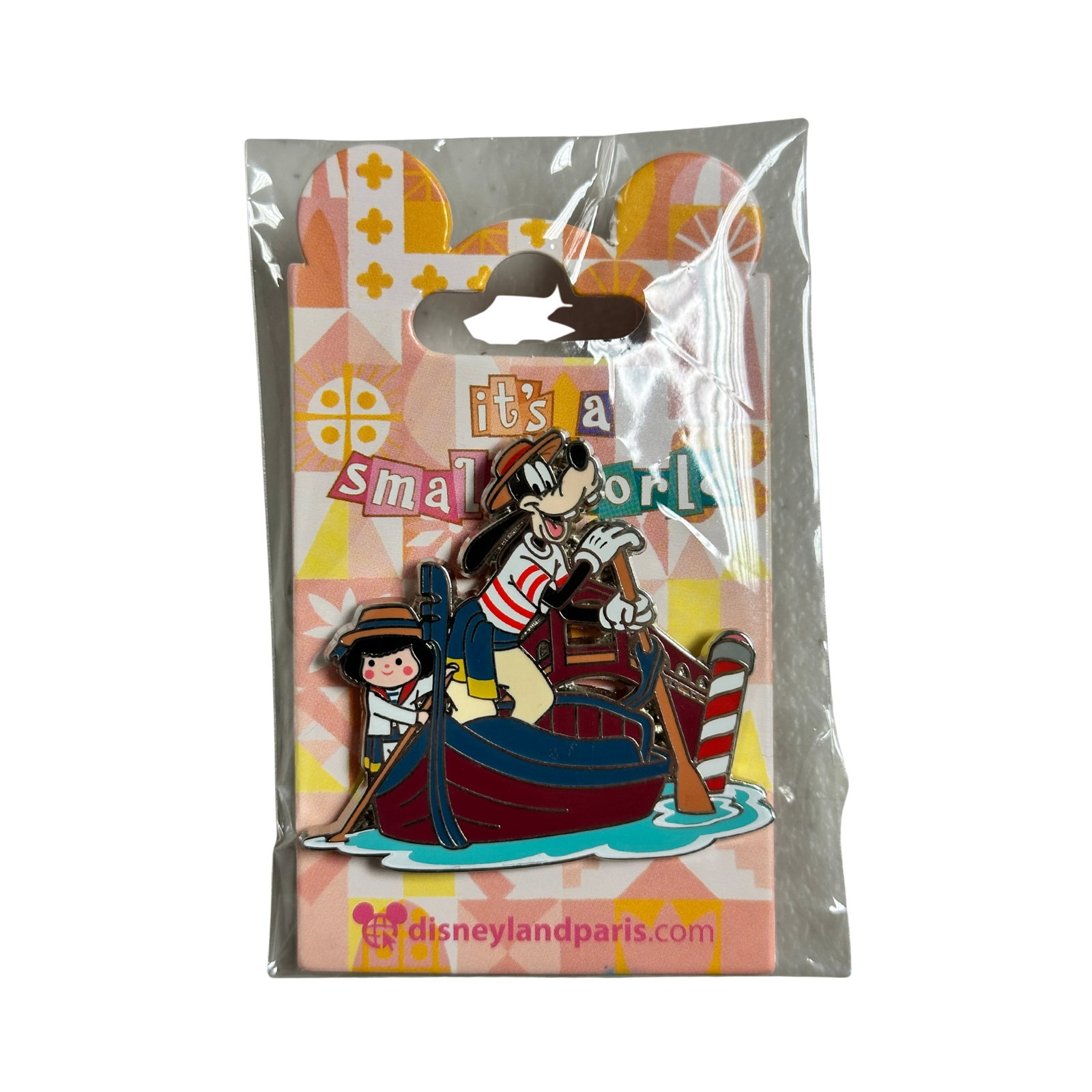 Disney DLR It's A Small World Goofy Gondola Pin: Disney DLR It's A Small World Goofy Gondola Pin. This pin shows Goofy dressed as Gondalier. He is standing and paddling a gondola with his oar in the water on the right, next to a red and white stripe