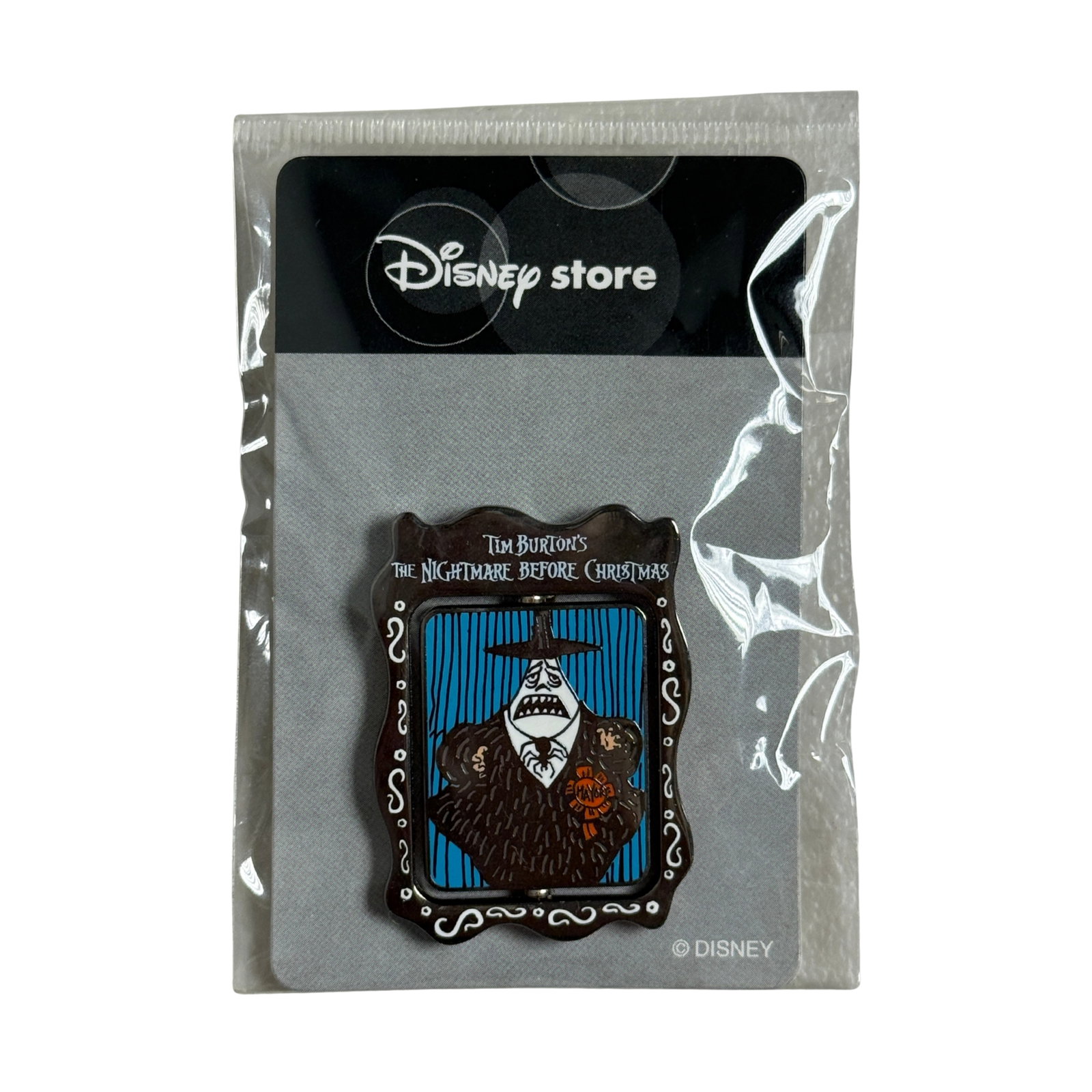 Disney JDS The Nightmare Before Christmas The Mayor Pin: Disney JDS The Nightmare Before Christmas The Mayor Pin. This features The Mayor in a black and white frame with a blue stripped background. The sad side of his face is showing.*****FREE SHIPPING*****