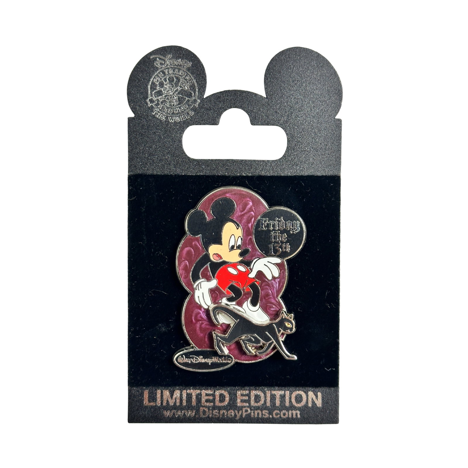 Disney WDW Friday The 13th 2006 Mickey & Black Cat Pin: Disney WDW Friday The 13th 2006 Mickey & Black Cat Pin. A black cat crosses Mickey's path in this Walt Disney World® Resort Limited Edition pin. This pin celebrates Friday the 13th, 2006 and features