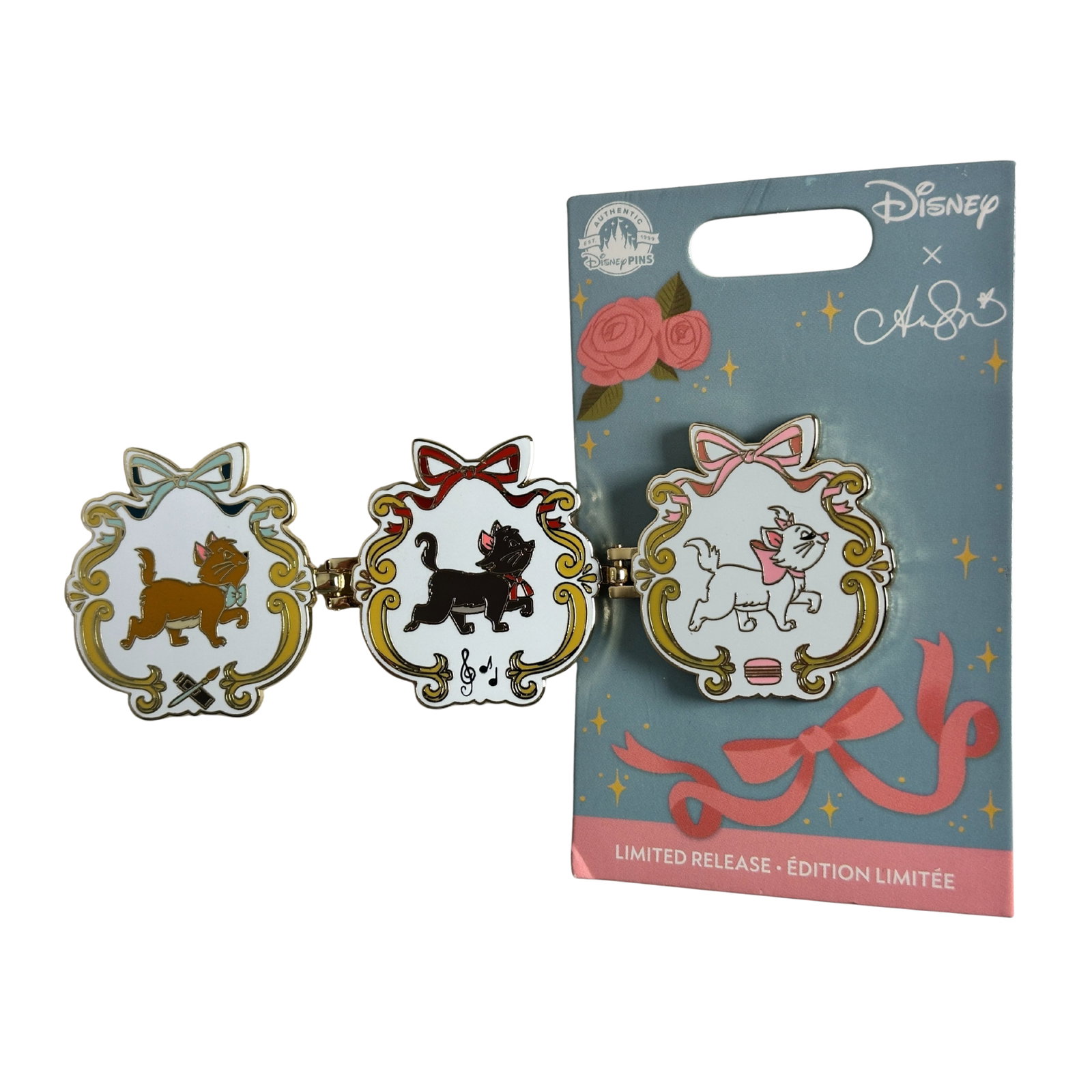 Disney D23 Expo Aristocat Kittens Hinged Trifold Pin: Disney D23 Expo Aristocat Kittens Hinged Trifold Pin. Pin features Marie , Toulouse and Berlioz from The Aristocats it is a Limited Release pin from the D23 Expo 2022 pin series. It was originally rel