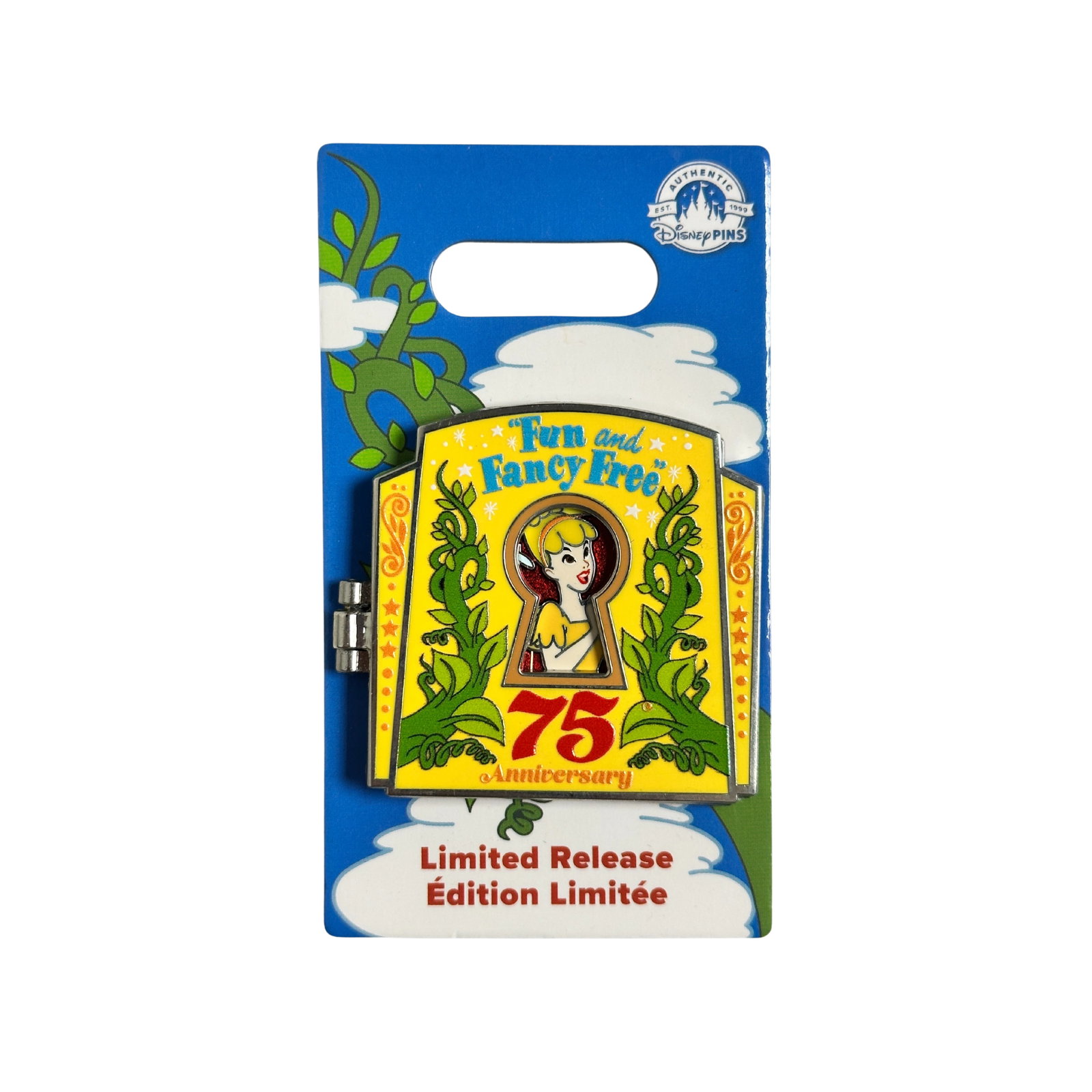Disney DIS Fun & Fancy Free 75th Anniversary Mickey & The Beanstalk Pin: Disney DIS Fun & Fancy Free 75th Anniversary Mickey & The Beanstalk Pin. Hinged pin featuring yellow background with two green beanstalks on either side, and Fairy Harp visible through keyhole in the 