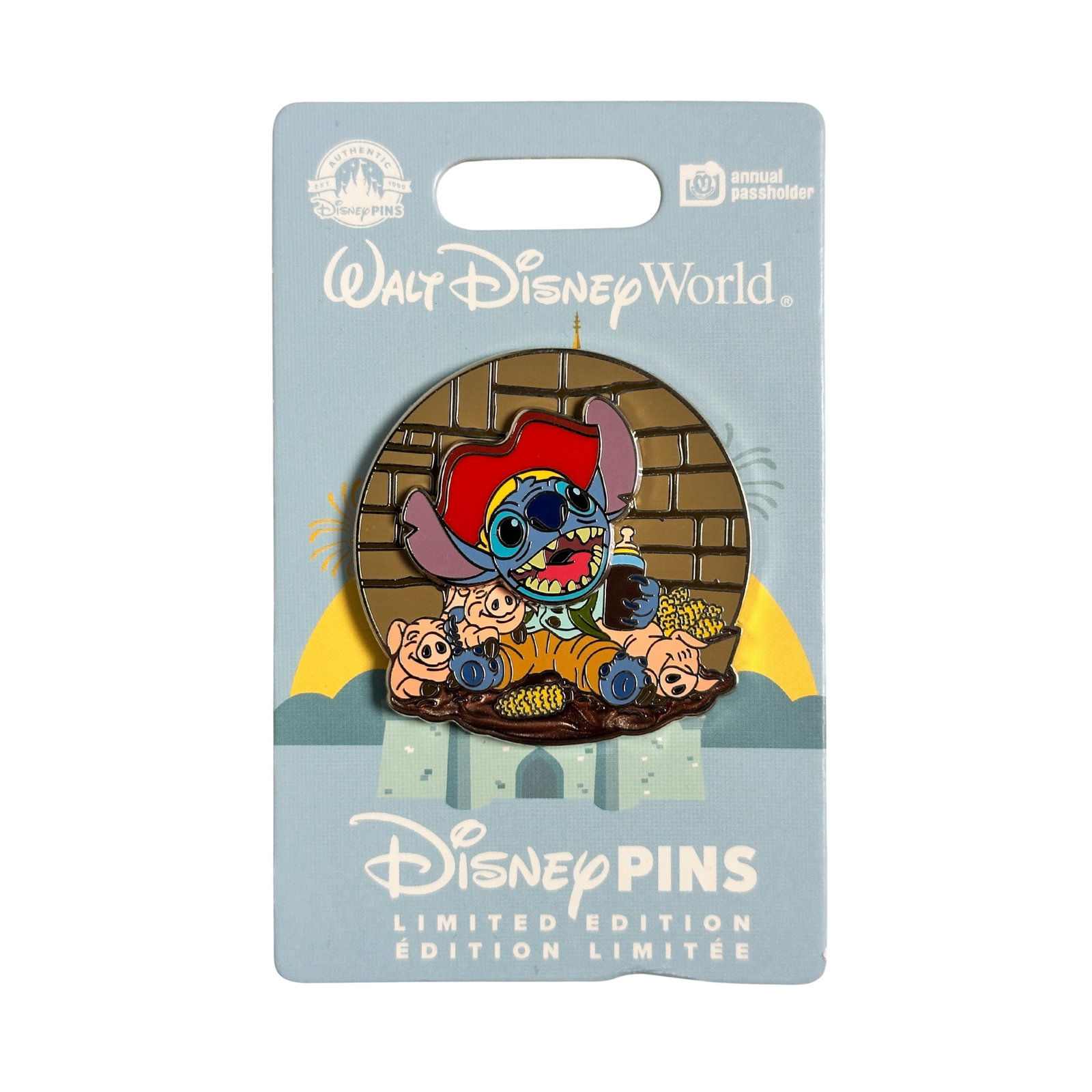 Disney WDW Stitch Pirates Of The Caribbean Annual Passholder Pin: Disney WDW Stitch Pirates Of The Caribbean Annual Passholder Pin. This circular pin spotlights the Pirates of the Caribbean ride in Magic Kingdom's Adventureland and features Stitch dressed as the dru