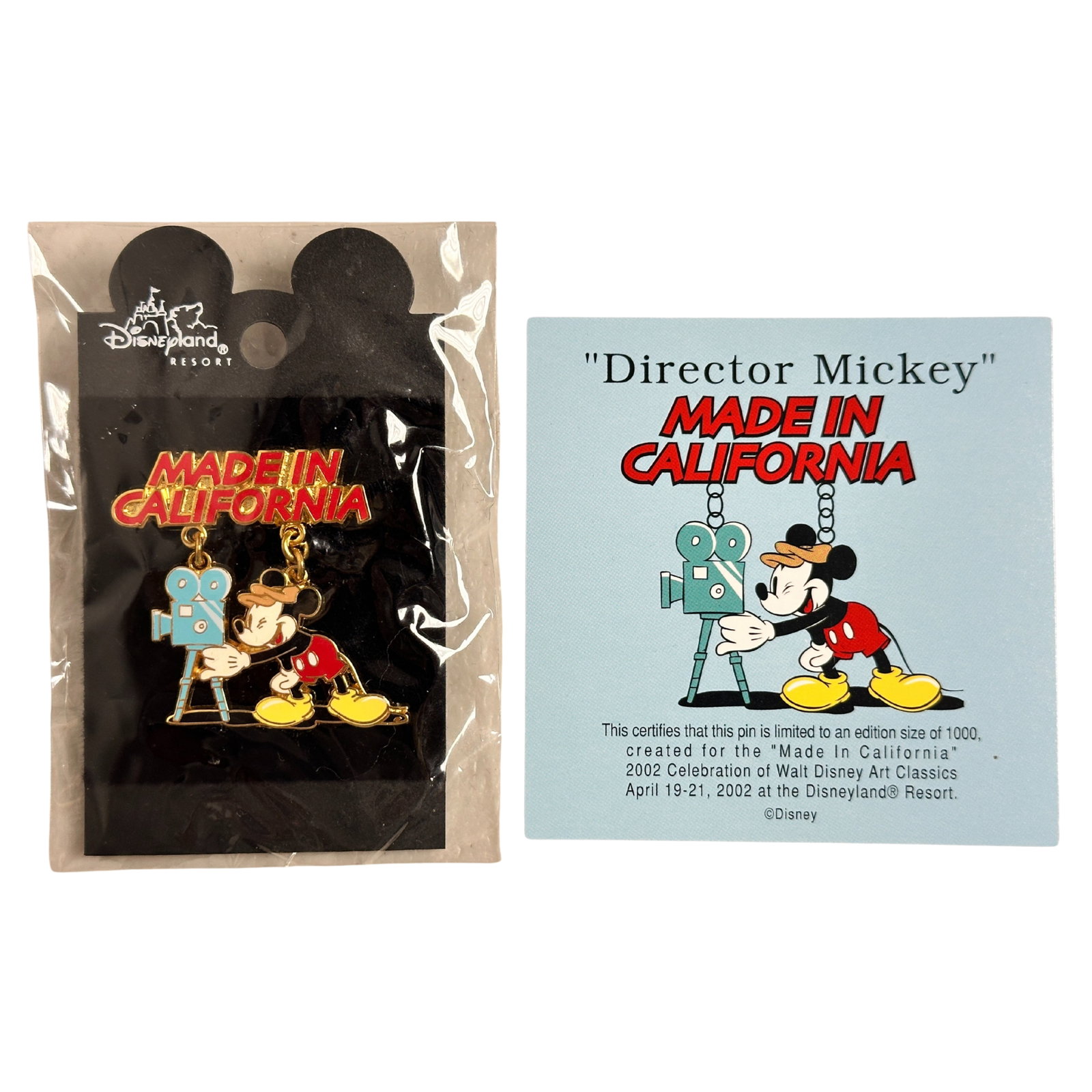 Disney WDACC Made In California Director Mickey Pin: Disney WDACC Made In California Director Mickey Pin. This "Made in California” Director Mickey dangle is a Limited Edition of only 1000. It has the event logo printed on the back and comes with 