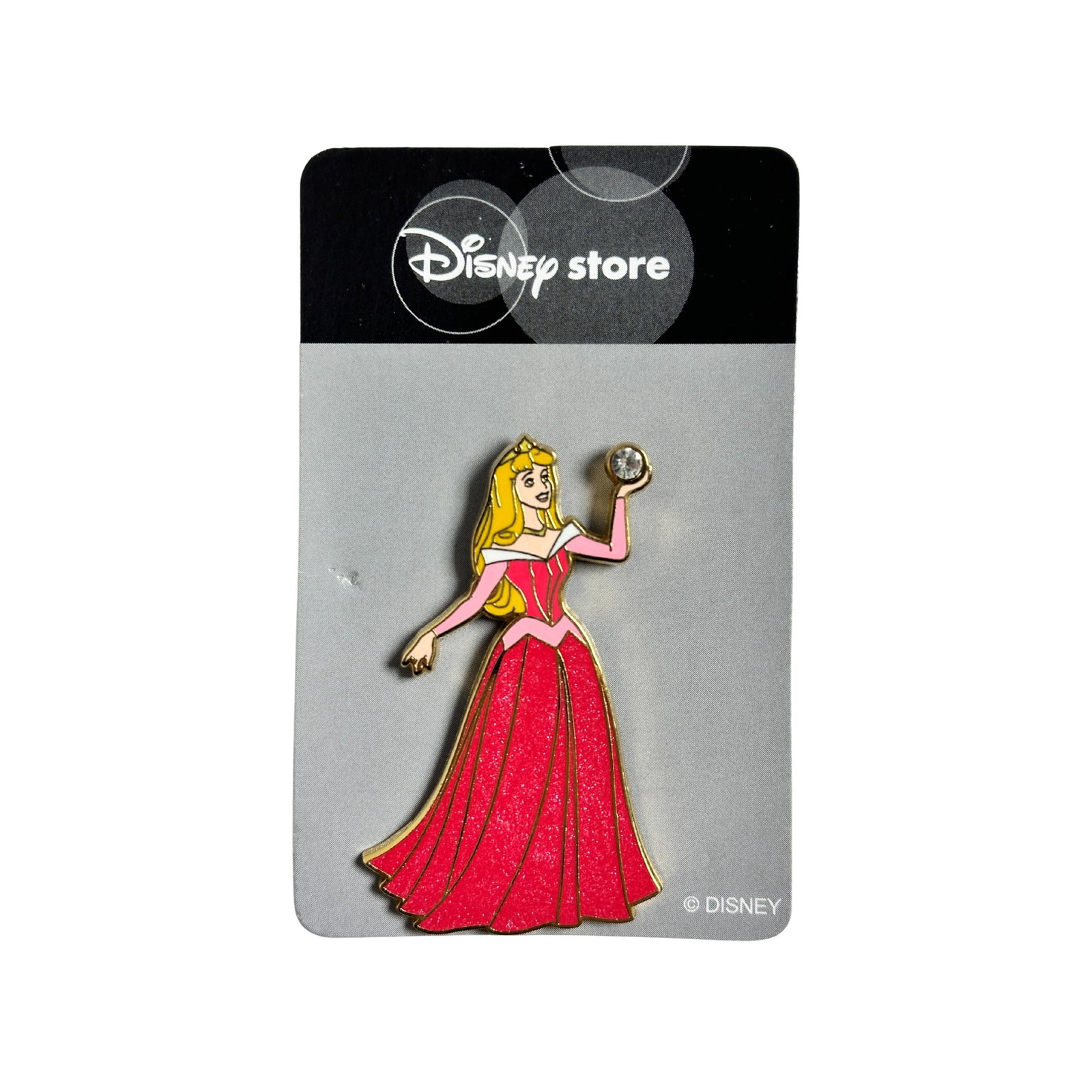 Disney JDS Sleeping Beauty Aurora Jeweled & Sparkle Pin: Disney JDS Sleeping Beauty Aurora Jeweled & Sparkle Pin. This open stock rack pin released at the Japan Disney stores is one of a series of jeweled and sparkle princess pins. Aurora from Sleeping Beau