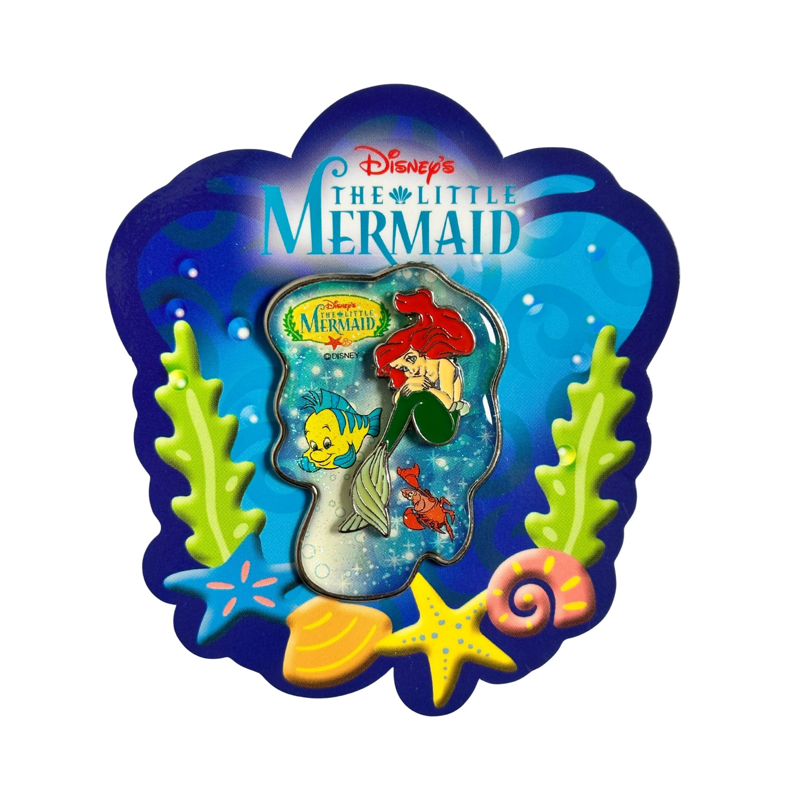 Disney TDR The Little Mermaid Ariel, Flounder, & Sebastian Pin: Disney TDR The Little Mermaid Ariel, Flounder, & Sebastian Pin. This pin features Ariel, Flounder and Sebastian with a blue sparkly pattern behind them. *****FREE SHIPPING********SELECT BUYER ARRANGED