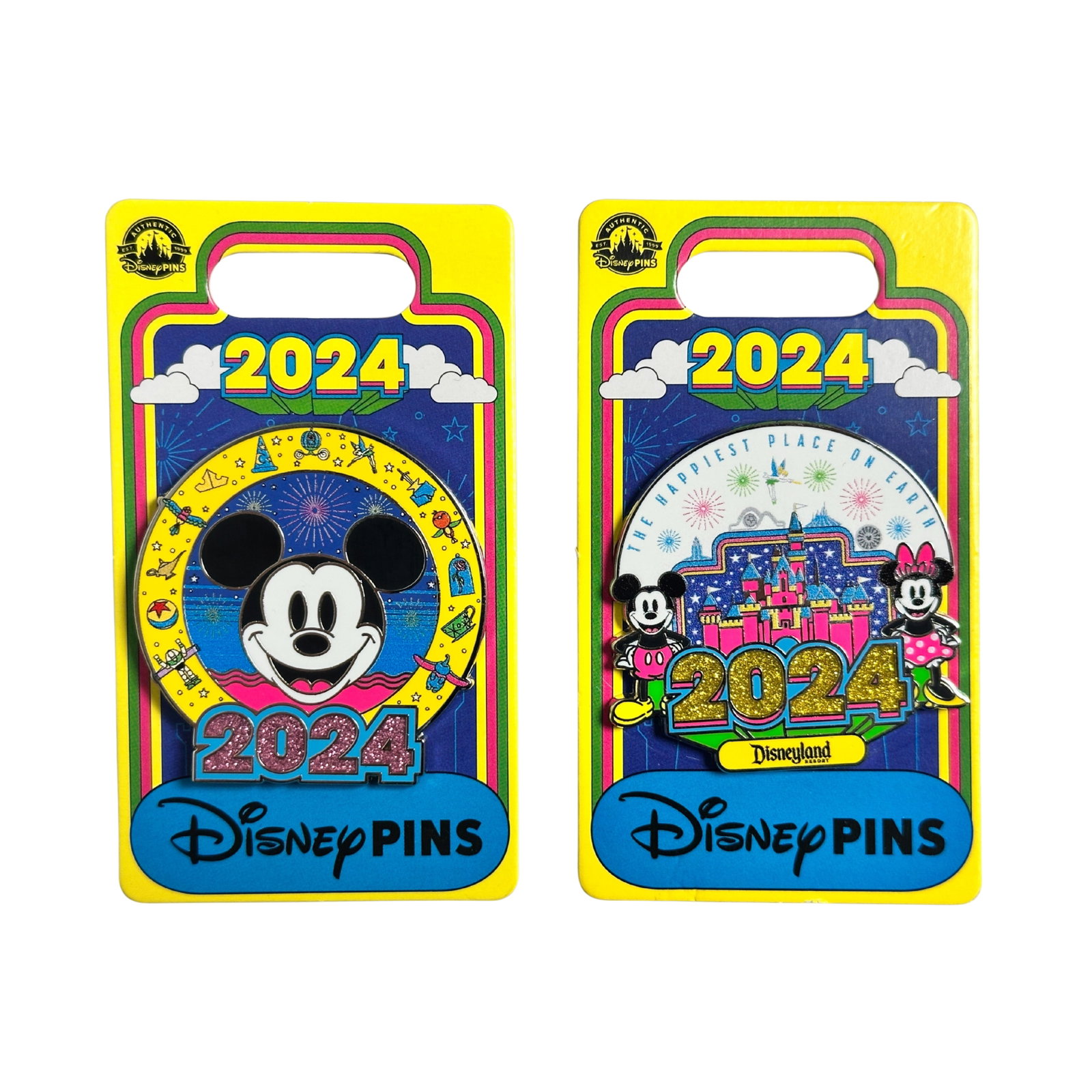 Disney DLR Happiest Place On Earth Mickey & Minnie 2024 Pin Lot: Disney DLR Happiest Place On Earth Mickey & Minnie 2024 Pin Lot. The first pin features Mickeys head in the middle of a yellow rimmed circle with small character icons all around. The second pin featu