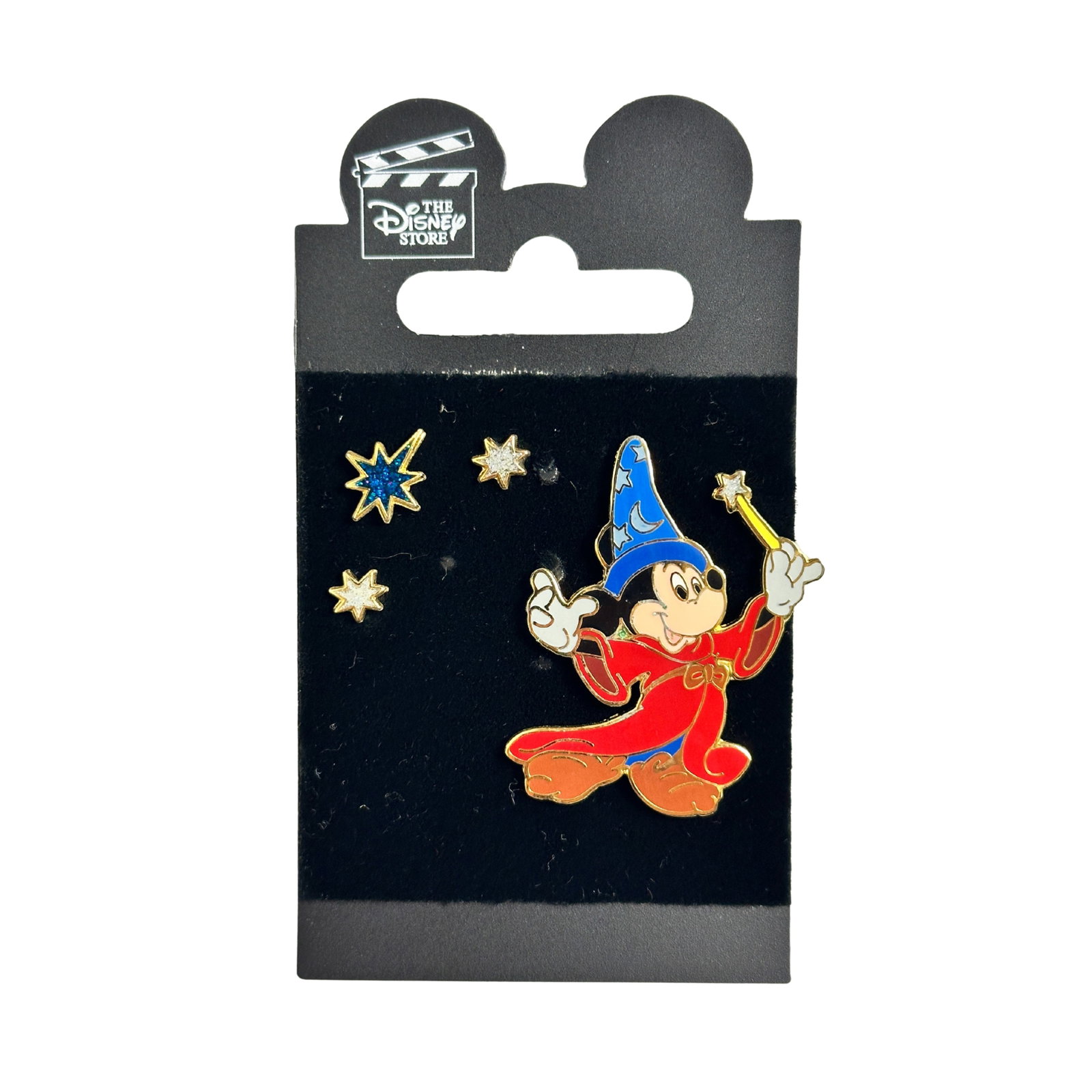 Disney JDS Fantasia Sorcerer Mickey Stars Pin Set Of 4: Disney JDS Fantasia Sorcerer Mickey Stars Pin Set Of 4. This features Sorcerer Mickey, turned right, has a wand in his left hand lifted over his head; his right hand is also lifted. He wears the tradi