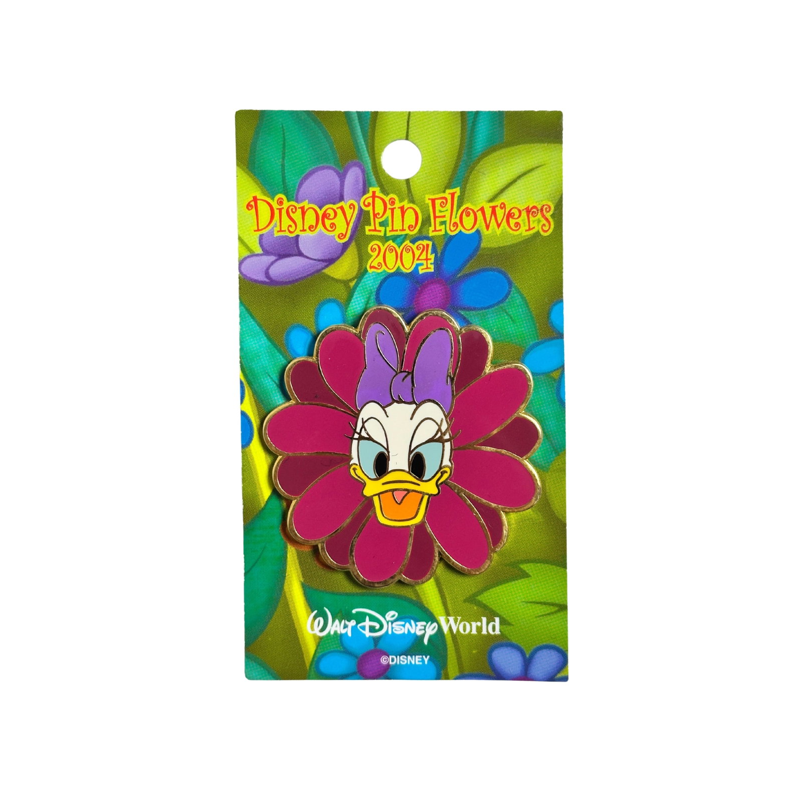 Disney WDW Disney Pin Flowers 2004 Daisy Pin: Disney WDW Disney Pin Flowers 2004 Daisy Pin. This Limited Edition pin features Daisy Duck smiling with a purple bow atop her head. She is positioned on a flower with hot pink and dark petals. It is p