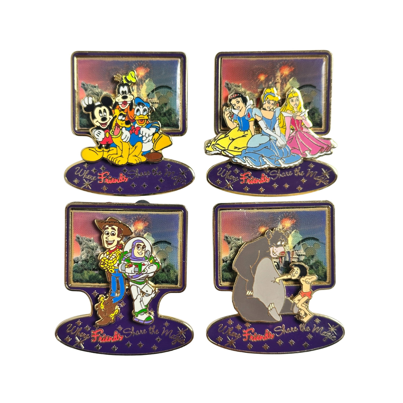 Disney DLR Where Friends Share Magic Pin Lot Of 4: Disney DLR Where Friends Share Magic Pin Lot Of 4. These limited edition pin on pins released at DLR are four of a series of Where Friends Share the Magic pins. These feature The Fab 4, Snow white, Ci