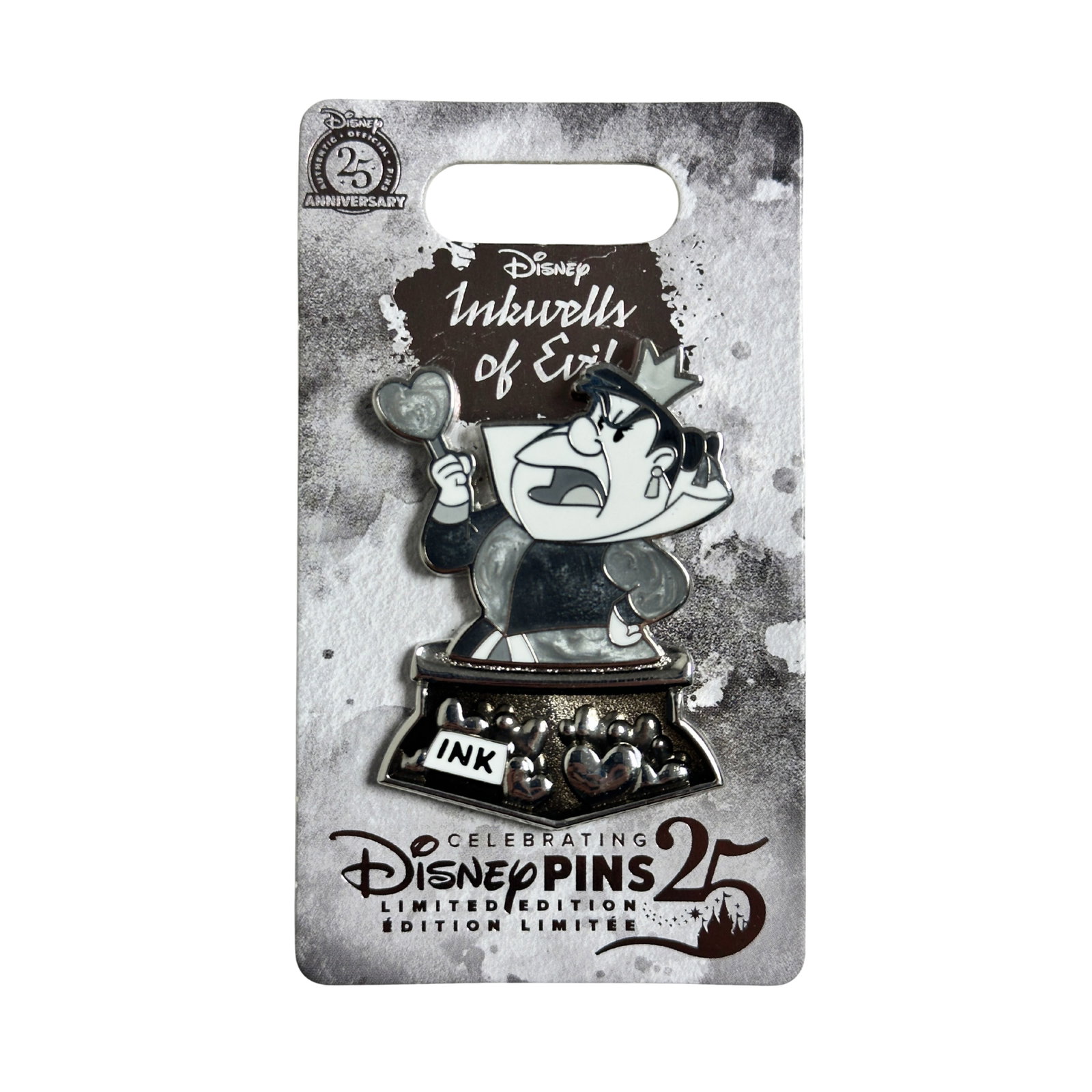 Disney WDW Inkwells Of Evil Alice In Wonderland Queen Of Hearts Pin: Disney WDW Inkwells Of Evil Alice In Wonderland Queen Of Hearts Pin. One of twelve INKWELLS OF EVIL monthly pins released in 2025. Each black-and-white pin features a different Disney character rising