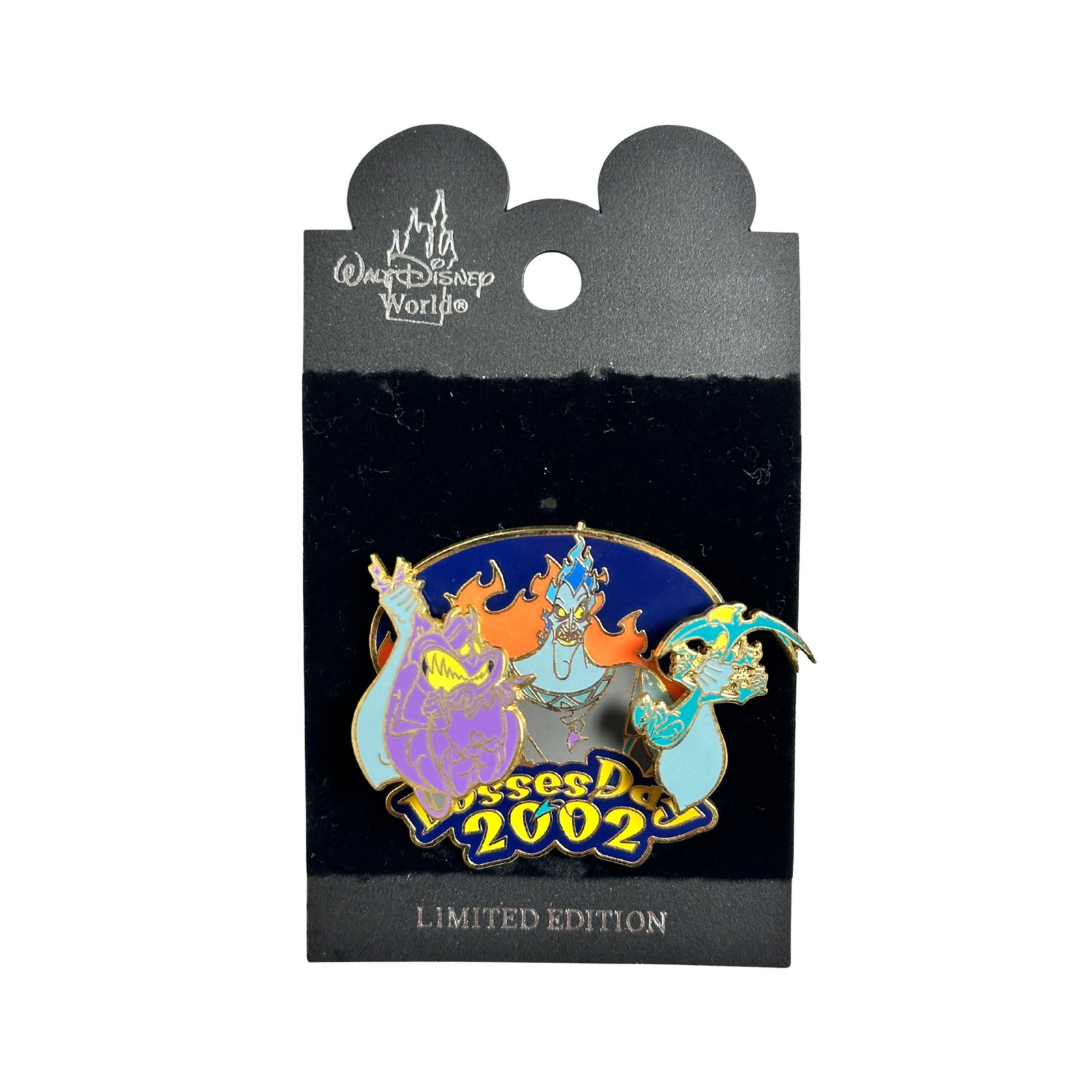 Disney WDW Bosses Day 2002 Hades, Pain & Panic Pin: Disney WDW Bosses Day 2002 Hades, Pain & Panic Pin. This limited edition pin on pin spring design released at WDW features Hades from Hercules, holding both Pain and Panic in his hands which bobble. T