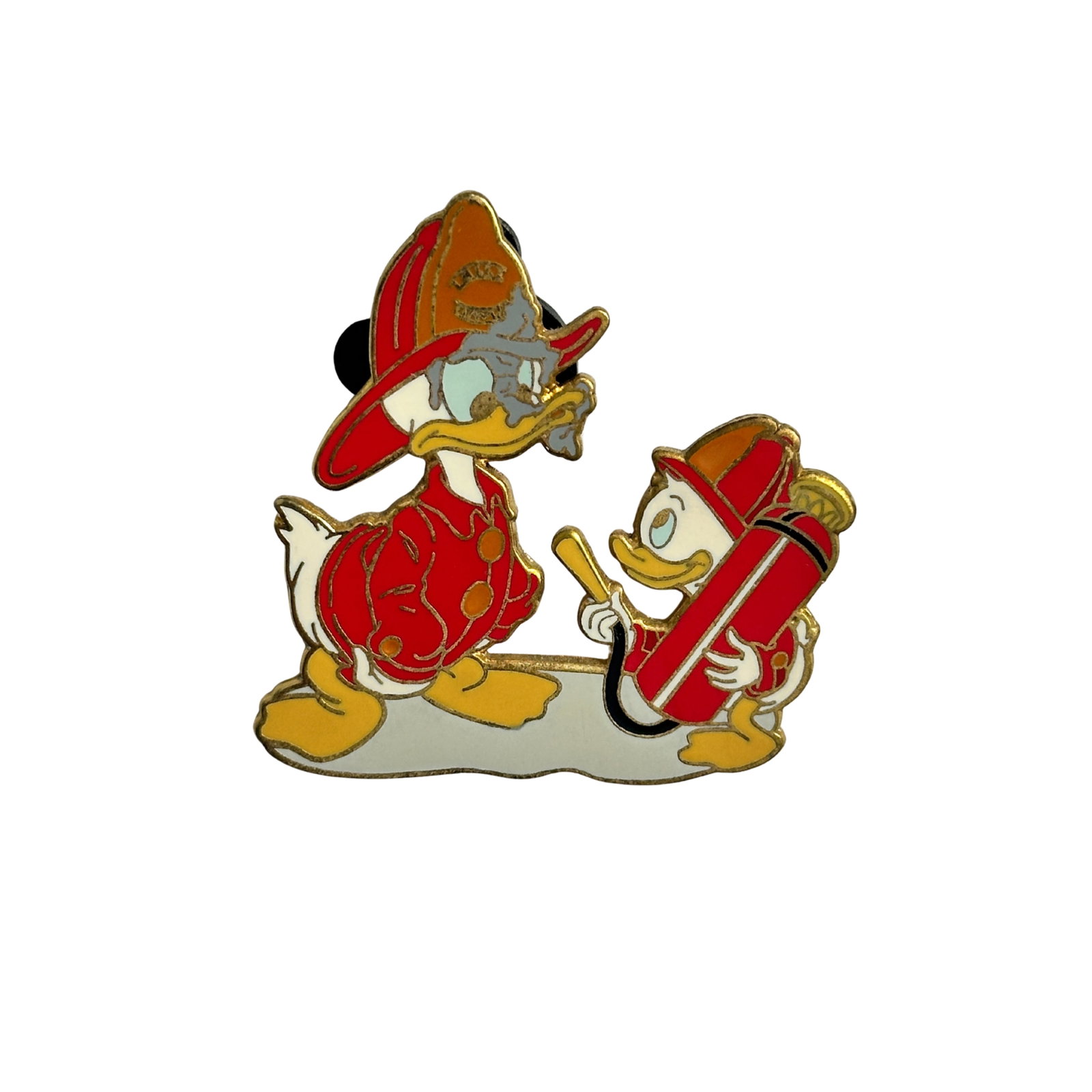 Disney WDW Fireman Donald & Nephew Pin: Disney WDW Fireman Donald & Nephew Pin. This pin features Fireman Donald Duck and one of his nephews, both dressed as fire fighters/firemen. The nephew holds a fire extinguisher which he has squirted 