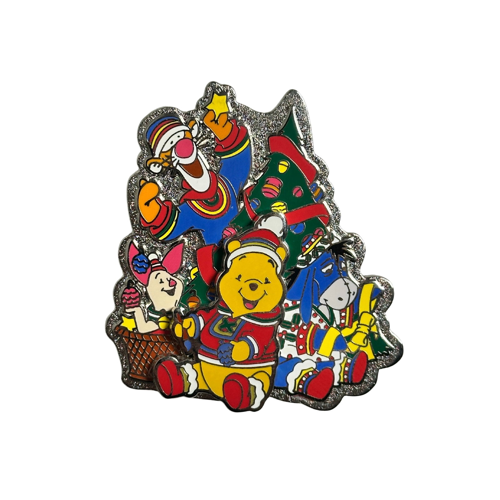 Disney TDR Winnie The Pooh & Friends Christmas 2003 Pin: Disney TDR Winnie The Pooh & Friends Christmas 2003 Pin. This pin on pin design is offered at Tokyo DisneyLand and Tokyo DisneySea. Winnie the Pooh is 3D and slides up and down. Surrounding Pooh, is T