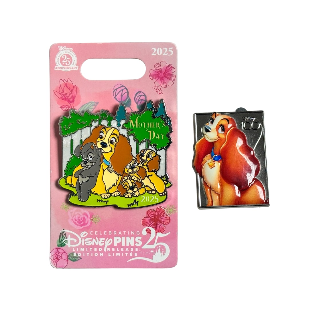 Disney WDW Lady & The Tramp Disney100 DVD Box & Mothers Day Pin: Disney WDW Lady & The Tramp Disney100 DVD Box & Mothers Day Pin. The First pin features Lady & Her Puppies celebrating mothers day. The second pin features a silver dvd box with Lady on it. *****FREE 