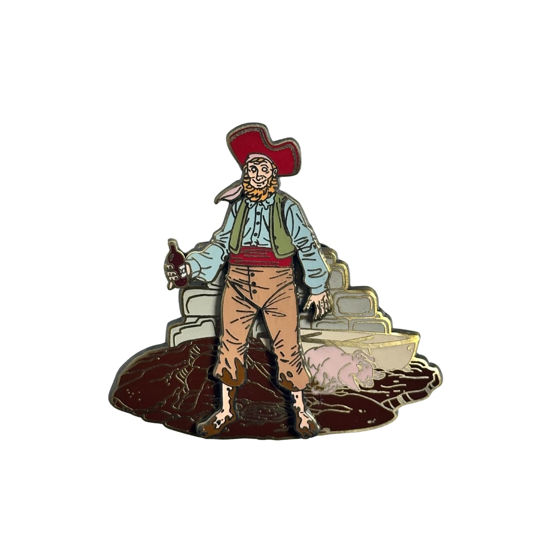 Disney DLR Pirates Of The Caribbean Port Royal Pin: Disney DLR Pirates Of The Caribbean Port Royal Pin. Legend tells of buried treasure far beneath the streets of Port Royale. This Limited Edition pin features a pirate with his pig. In the pirate's rig
