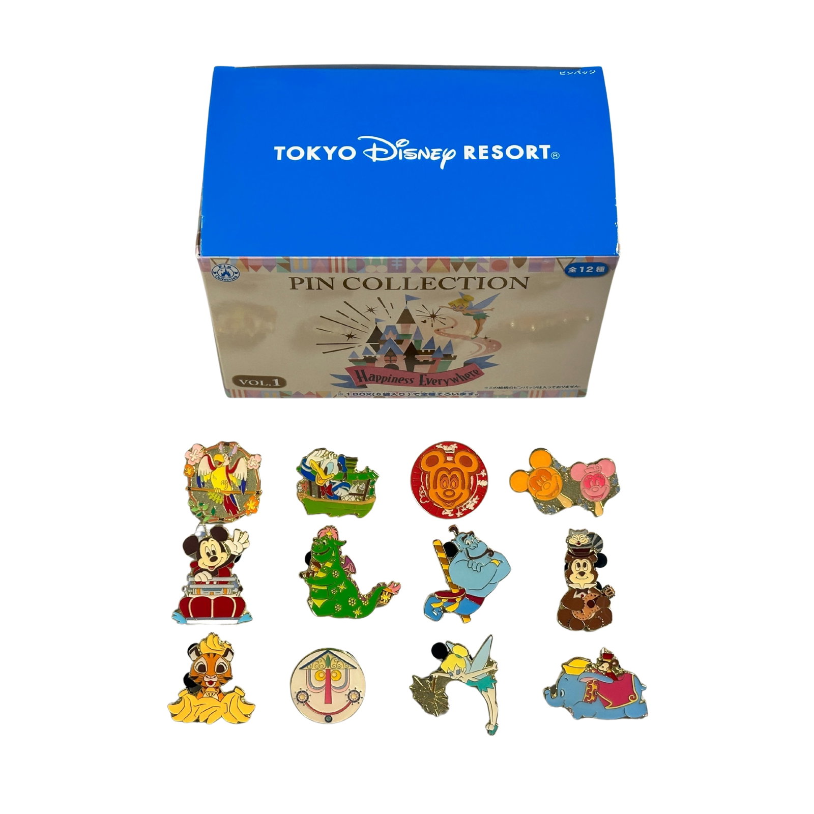 Disney TDR Happiness Everywhere Vol. 1 Mystery Pin Set Of 12: Disney TDR Happiness Everywhere Vol. 1 Mystery Pin Set Of 12. This set is a 12-pin blind bag from Tokyo Disneyland Resort called Happiness Everywhere, volume 1. The set consists of both characters and