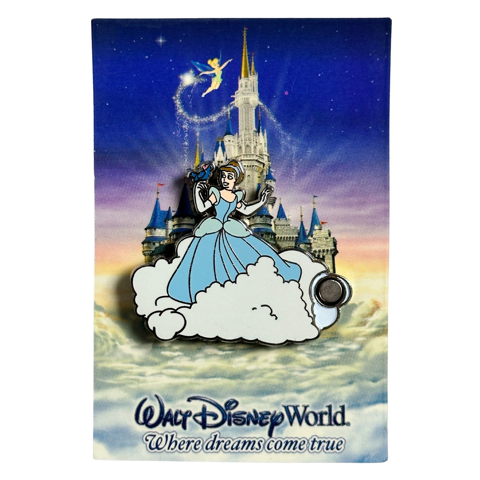 Disney WDW Cinderella Where Dreams Come True Mystery Magnet Pin: Disney WDW Cinderella Where Dreams Come True Mystery Magnet Pin. Cinderella floats on a cloud in this Open Edition pin. She is dressed in a blue ball gown, and has a small blue bird on her finger. The