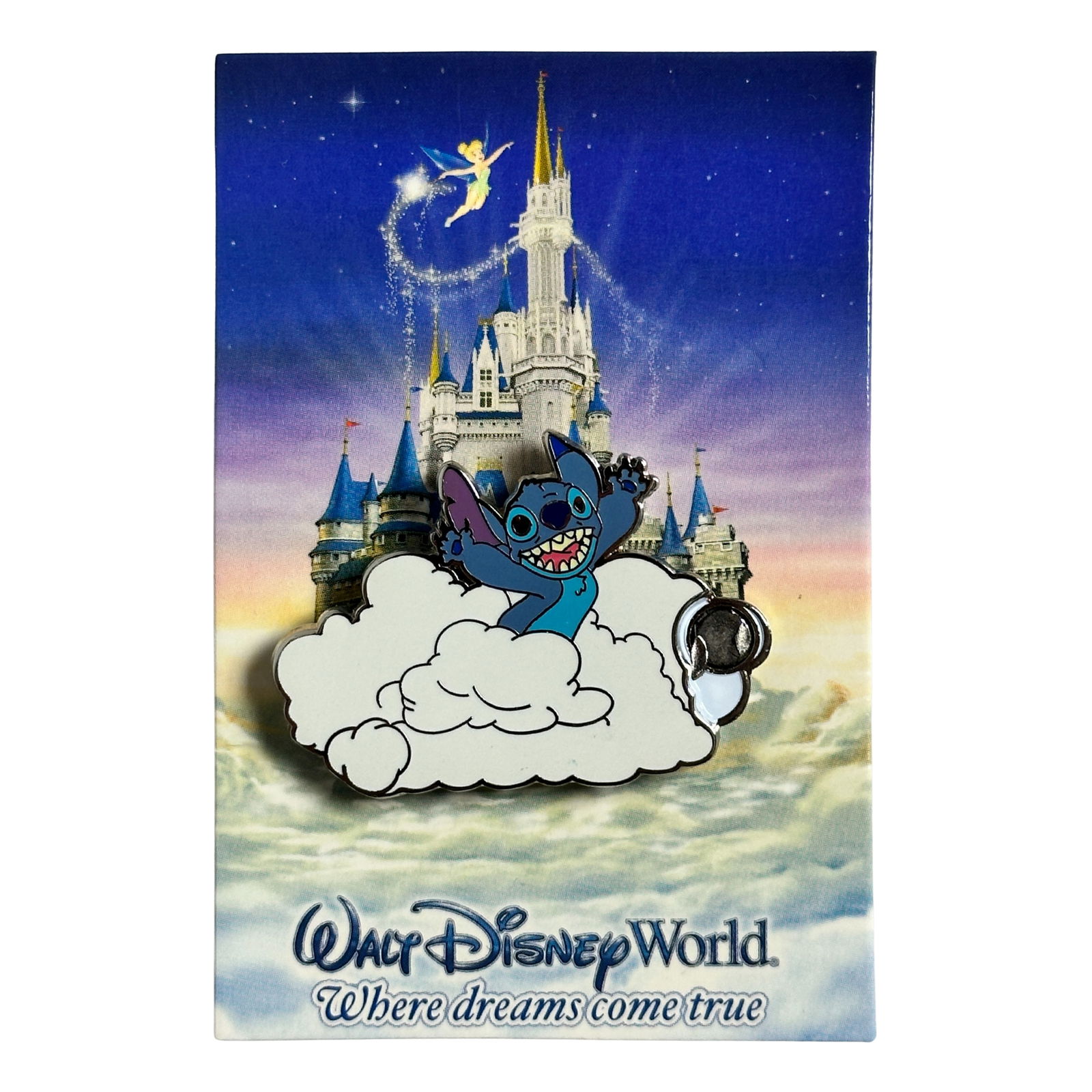 Disney WDW Lilo & Stitch Where Dreams Come True Stitch Mystery Magnet Pin: Disney WDW Lilo & Stitch Where Dreams Come True Stitch Mystery Magnet Pin. Stitch is featured on a cloud in this Open Edition pin. He is jumping out of the cloud with his arms and hands raised. The pi